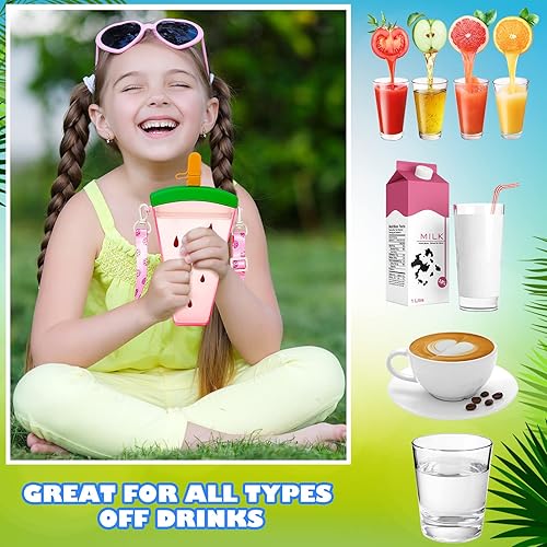 Miniatura 5 de 3 botellas de agua con pajitas creativas Kawaii en forma de cámara de helado, sandía, correa ajustable, botella de agua de plástico para viajes,