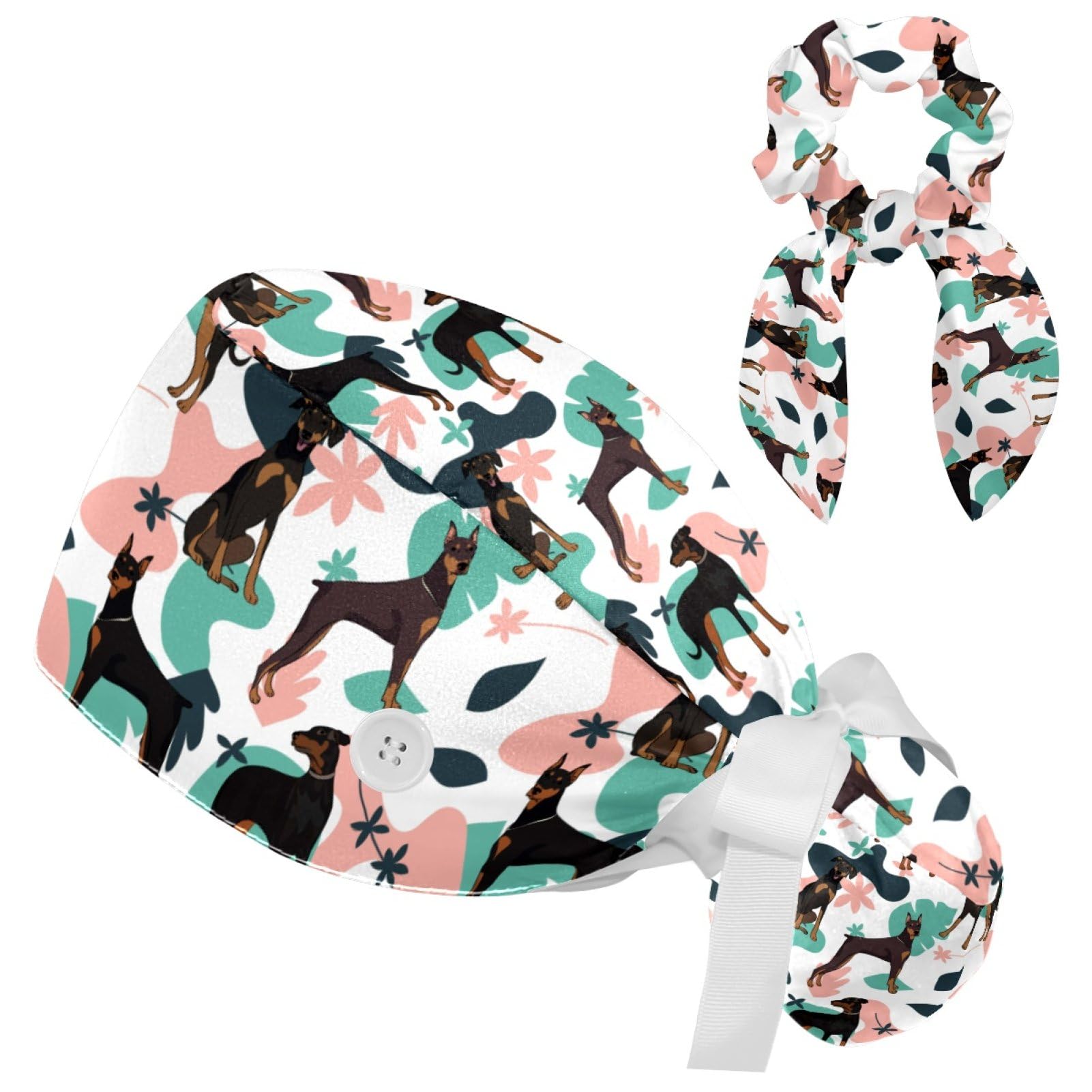Doberman Dog Leaves Scrub Caps Ponytail, Adjustable Surgical Cap Head Cover for Women Long Hair