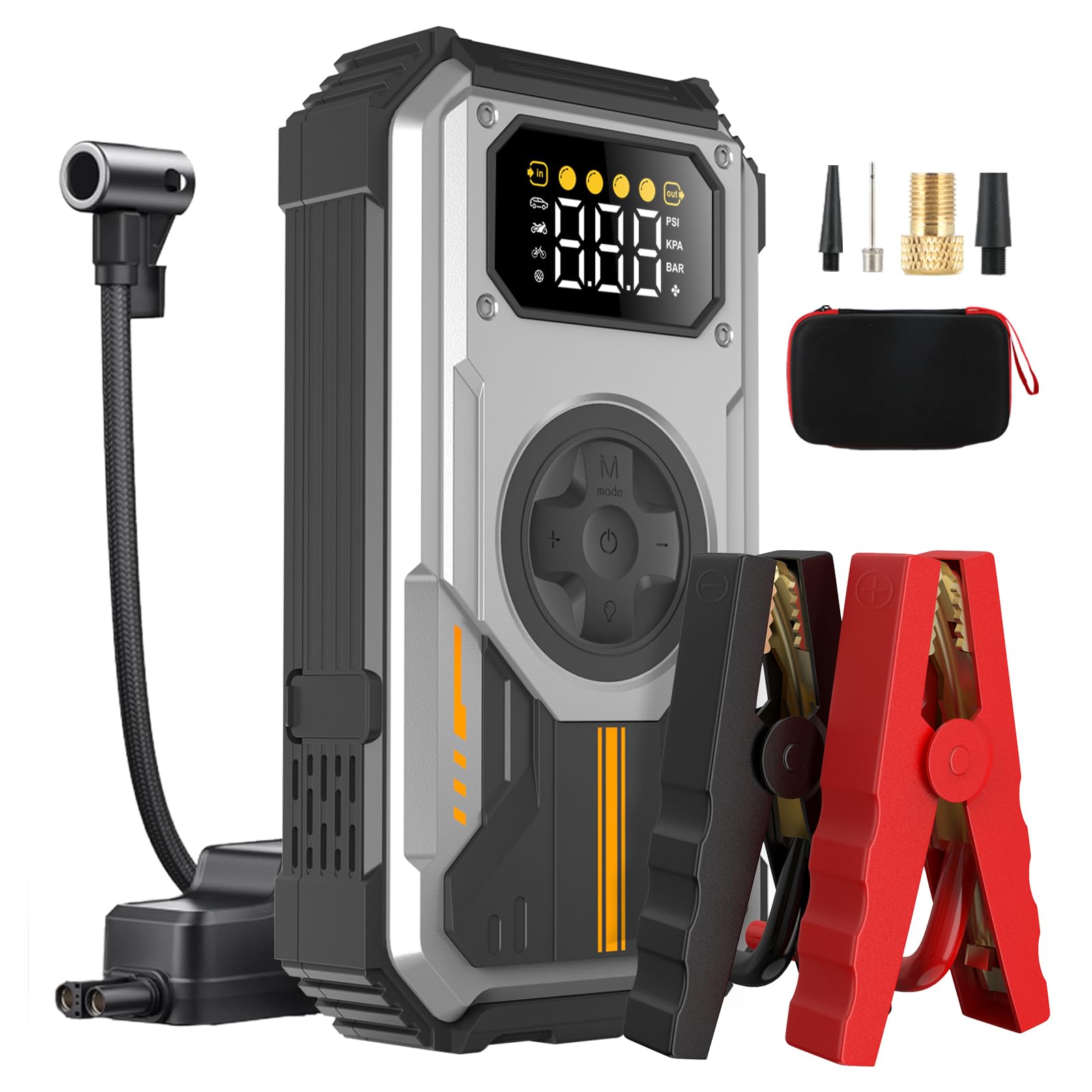Eigotrav Avviatore Batteria Auto con Compressore 150PSI 6000A Avviatore Emergenza per Auto (Fino a 7,5L di Benzina/6,0L di Gasolio) 12V 3 Modalità Torcia Ricarica USB Booster Avviamento Auto Portatile