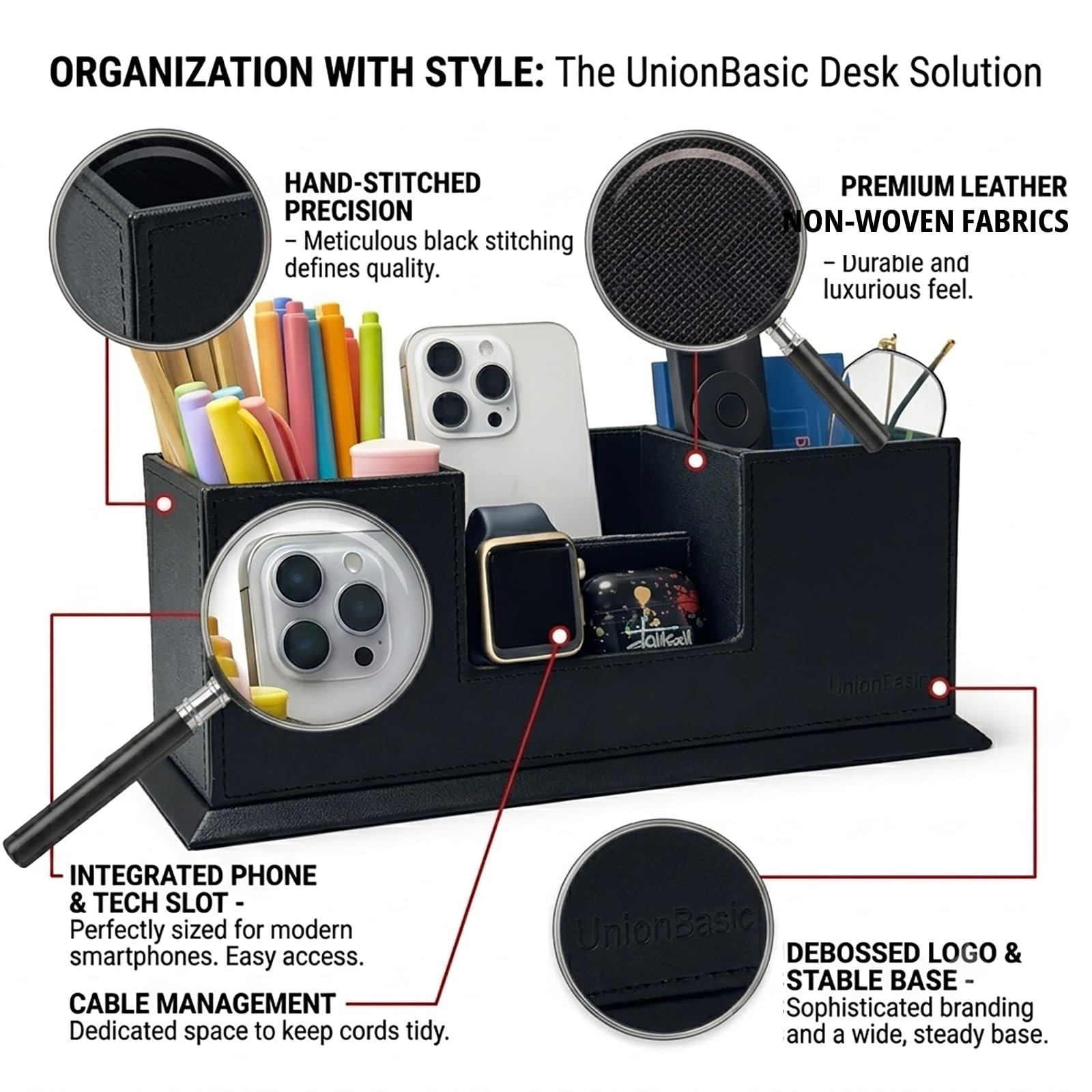 UnionBasic PU-Leder-Schreibtisch-Organizer, 4 Fächer für Stift/Bleistift/Handy, Schreibwaren-Halterung, Sammler, Organisieren von Schreibtischzubehör schwarz