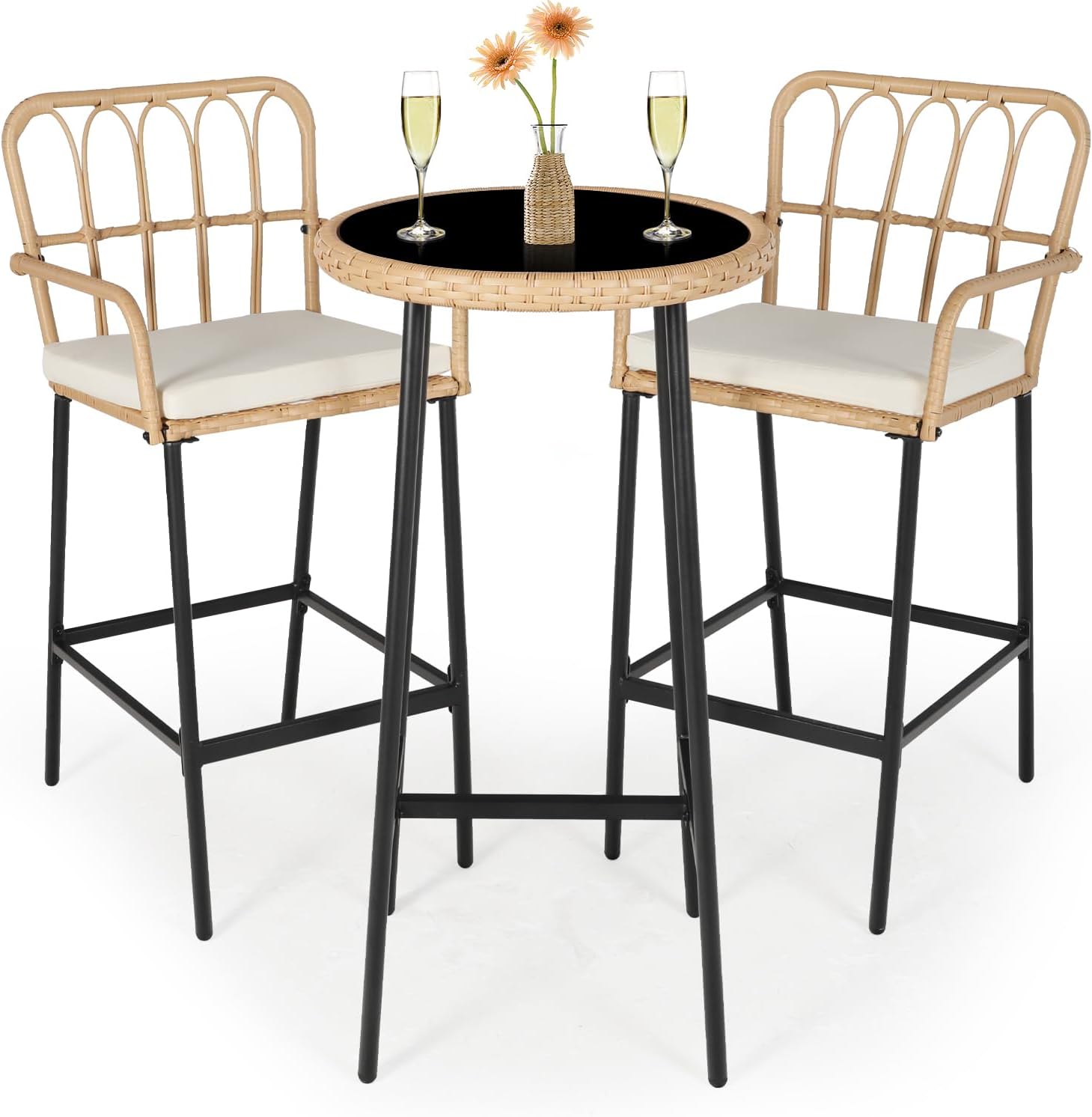 Outdoor Bar,3 Piece Height Table Patio Rattan Wicker Furniture Chairs Set,22" Patio Bar Table and Outdoor Bar Stool Set of 2,with Removable Cushions for Backyards, Porches (Set for 3)