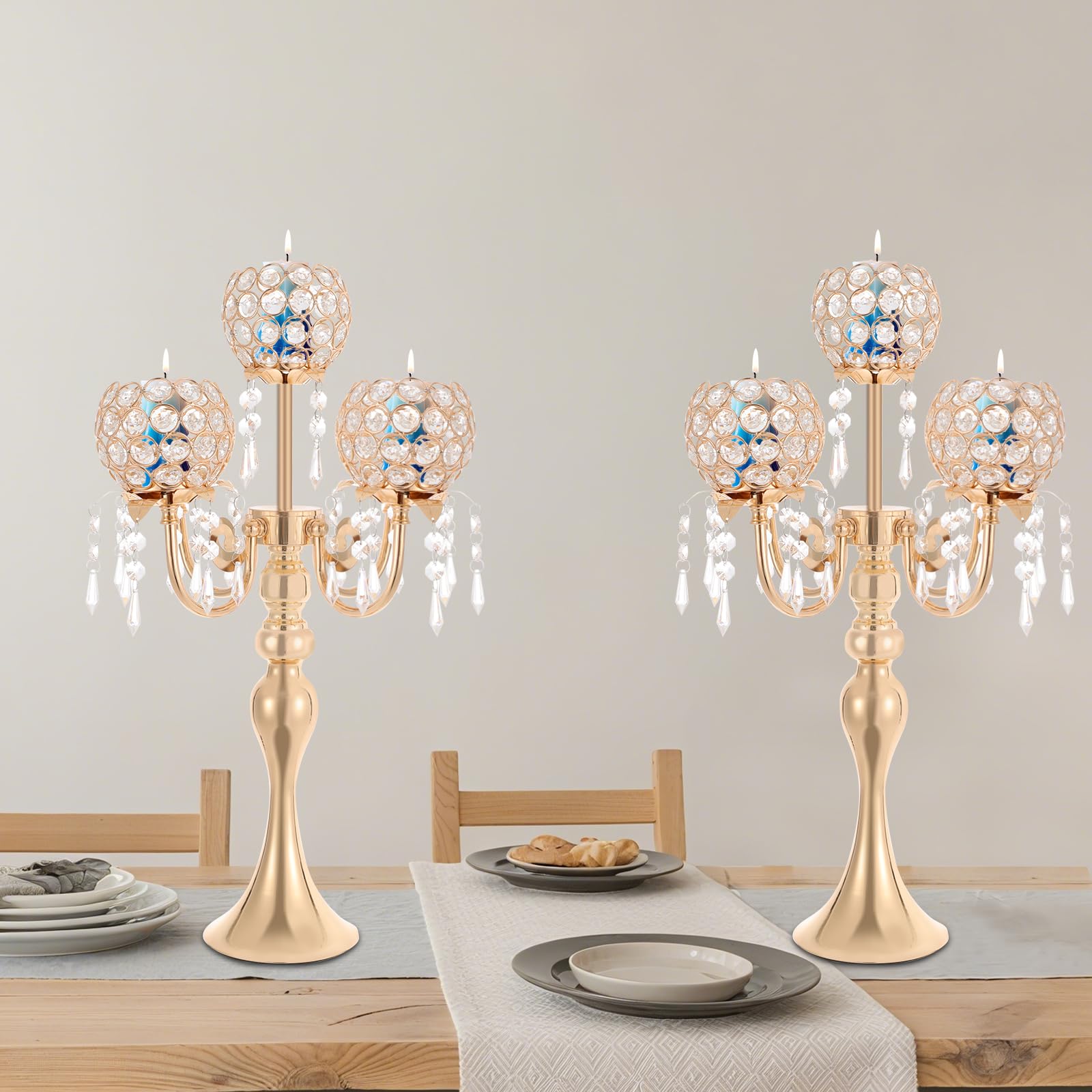 Kristall Kerzenhalter 2er Set 57cm, 5-Armiger Kandelaber Tischdeko, Gold | Moderner Tischkerzenständer für Hochzeiten Abendessen Geburtstage, 13cm Basis Stabil