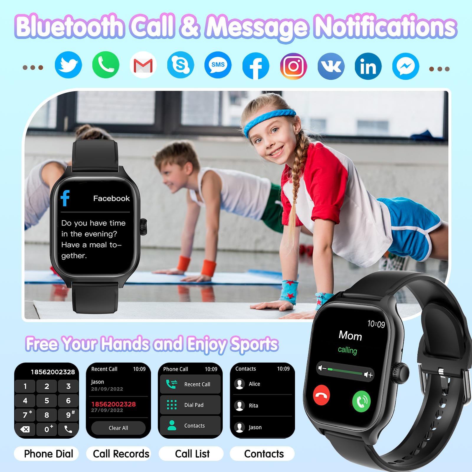 Fitness Tracker Montre Intelligente pour Enfants, Montre Connectée avec Assistant Vocal d'appels Bluetooth,Sport, Moniteur de Sommeil, Podomètre, Montre Sport pour iOS Android