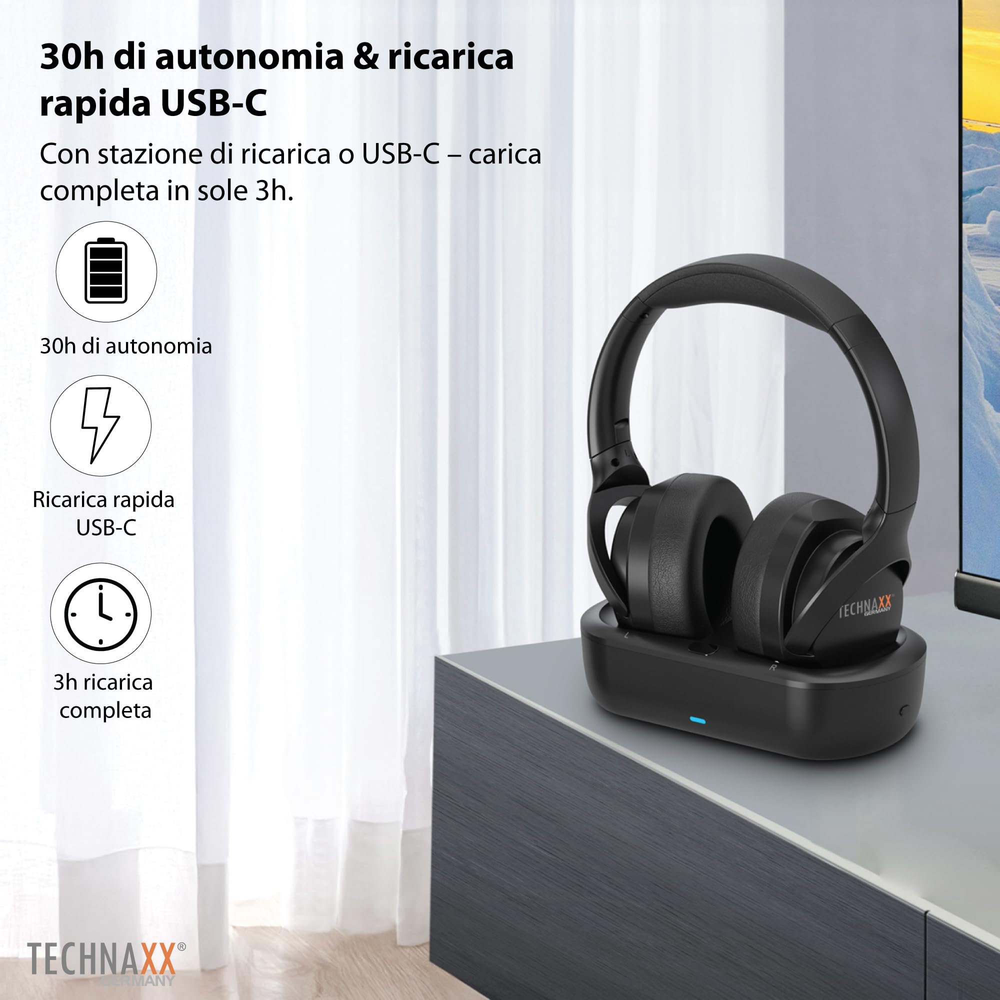 Technaxx Cuffie TV wireless con base di ricarica – Cuffie Bluetooth 5.4 Over-Ear con microfono, 30h autonomia, USB-C, ingresso ottico e AUX – Ideali per TV, anziani e musica - TX-350