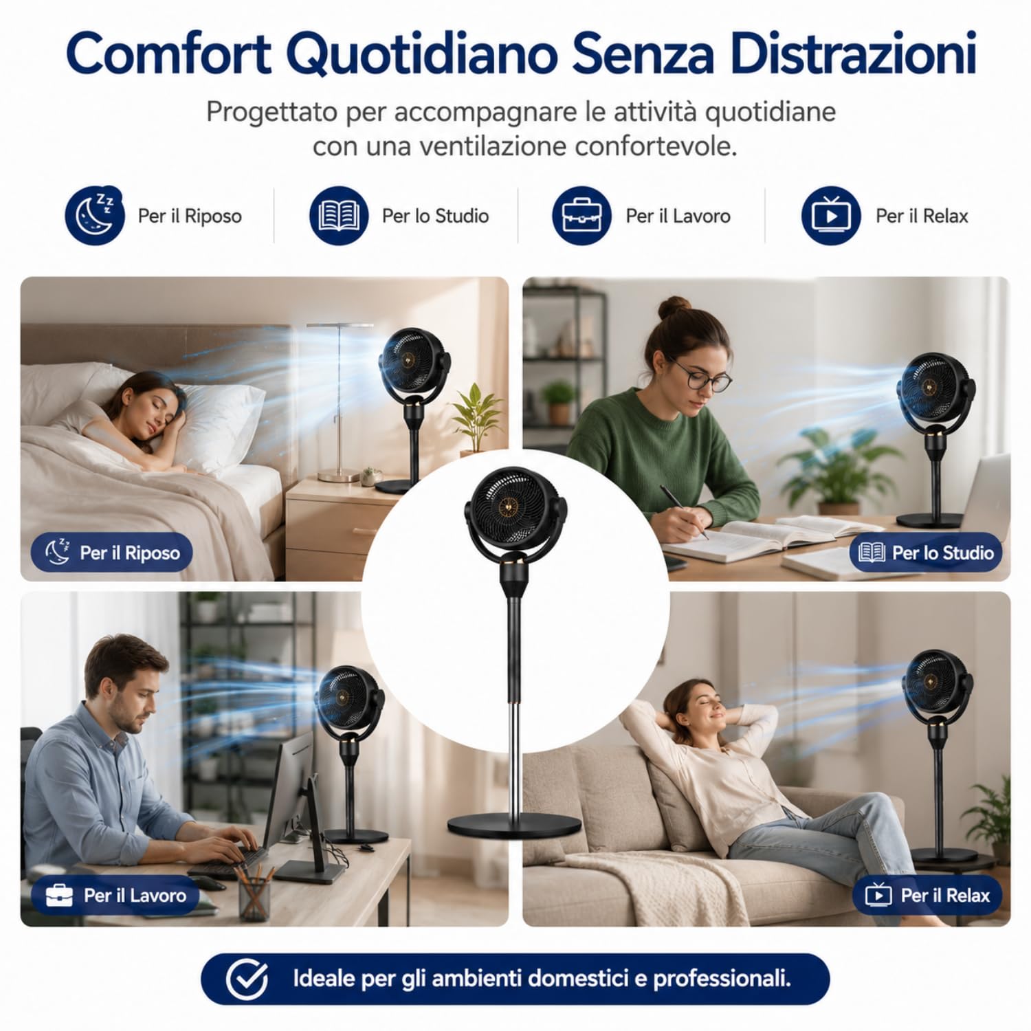Ventilatore a Piantana Silenzioso 23 dB con Motore DC, Circolatore d'Aria 3D Oscillante, 6 Velocità, Telecomando, Controllo Vocale Smart, Timer, Altezza Regolabile, 2 in 1 per Casa e Ufficio