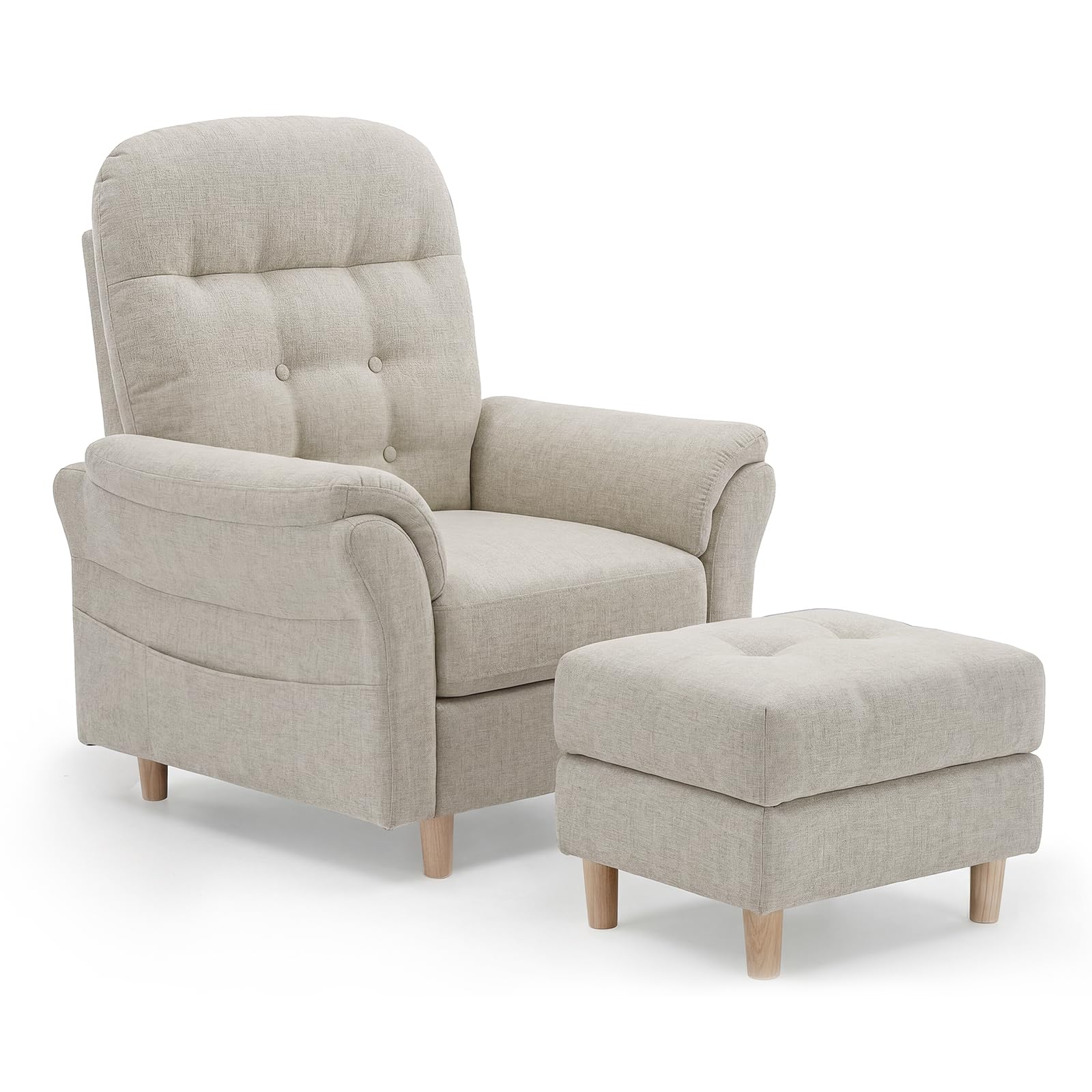 COMHOMA Fauteuil de Relaxation, Fauteuil Inclinable avec Tabouret, Dossier 4 Niveaux Réglable, Poche latérale, Fauteuils Rembourré Sac à Ressorts Simple Salon Chambre Cinéma, Chenille, Beige
