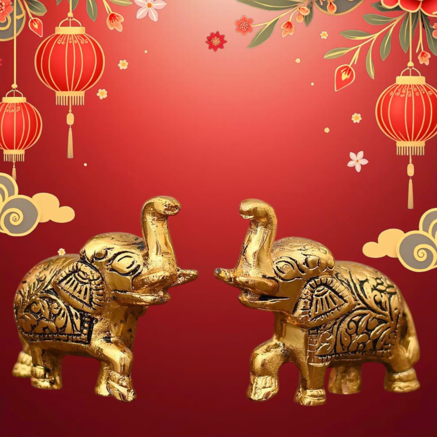 Denique Metal Elephant Trunk Up Showpiece Decorative Items Figurine for Home Decoration Gold Plated Statue Home/Office Table Living Room Decor.Pack of 2 pcs Set 2
