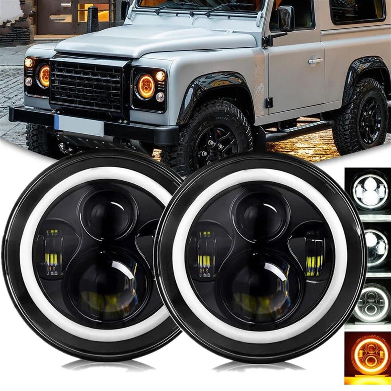 Luces de circulación Diurna Conjunto De Faros Delanteros De 7 "para Land-Rover para Defender 90 110, Kit De Faros Redondos, Accesorio Todoterreno, 2 Unidades(Black 2pcs)