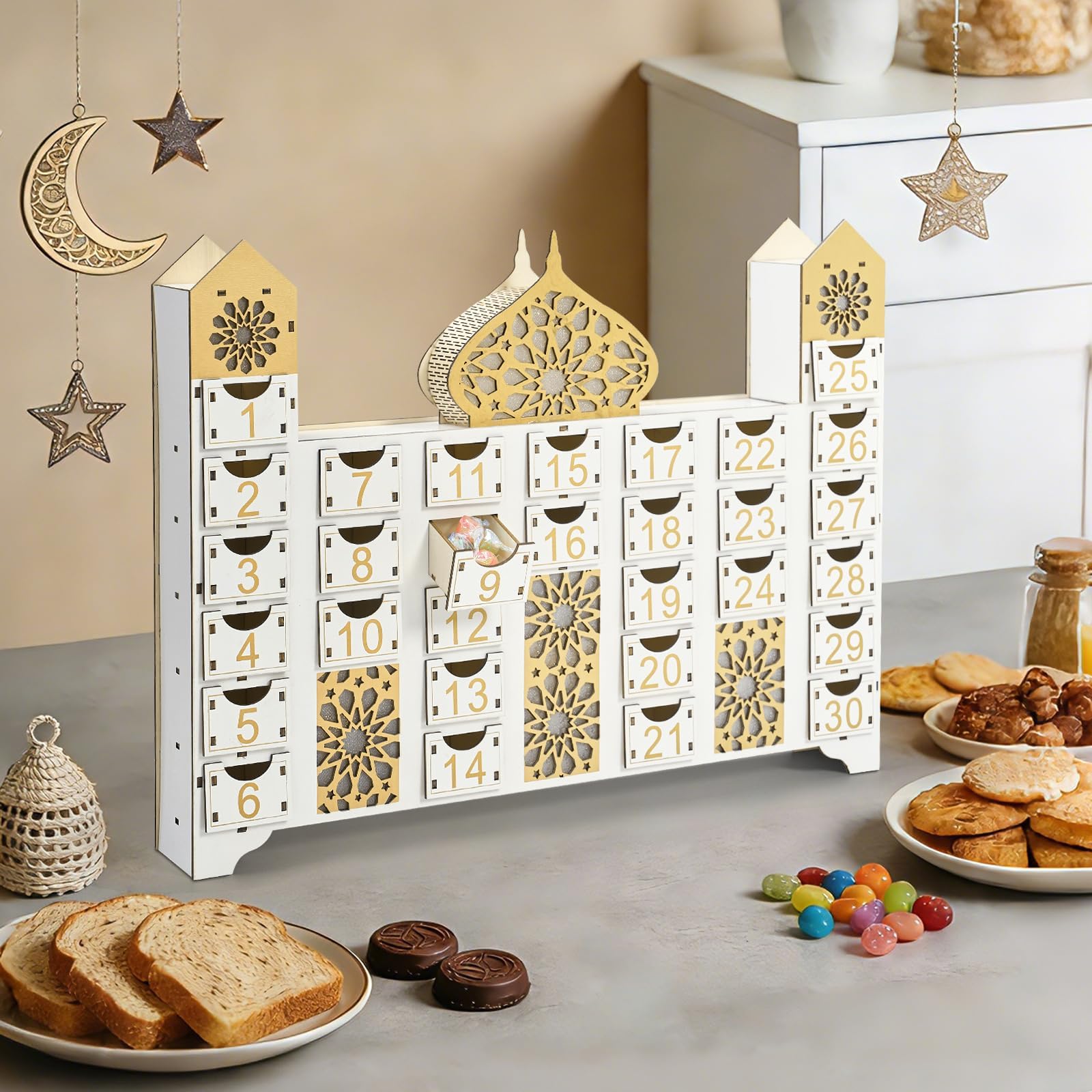 Ramadan-Countdown-Kalender, Eid Mubarak Adventskalender mit Schublade, Moscheeform, befüllbar, muslimische Ramadan-Dekoration für Zuhause, Urlaub, Tischdekoration, Geschenk, Partyzubehör