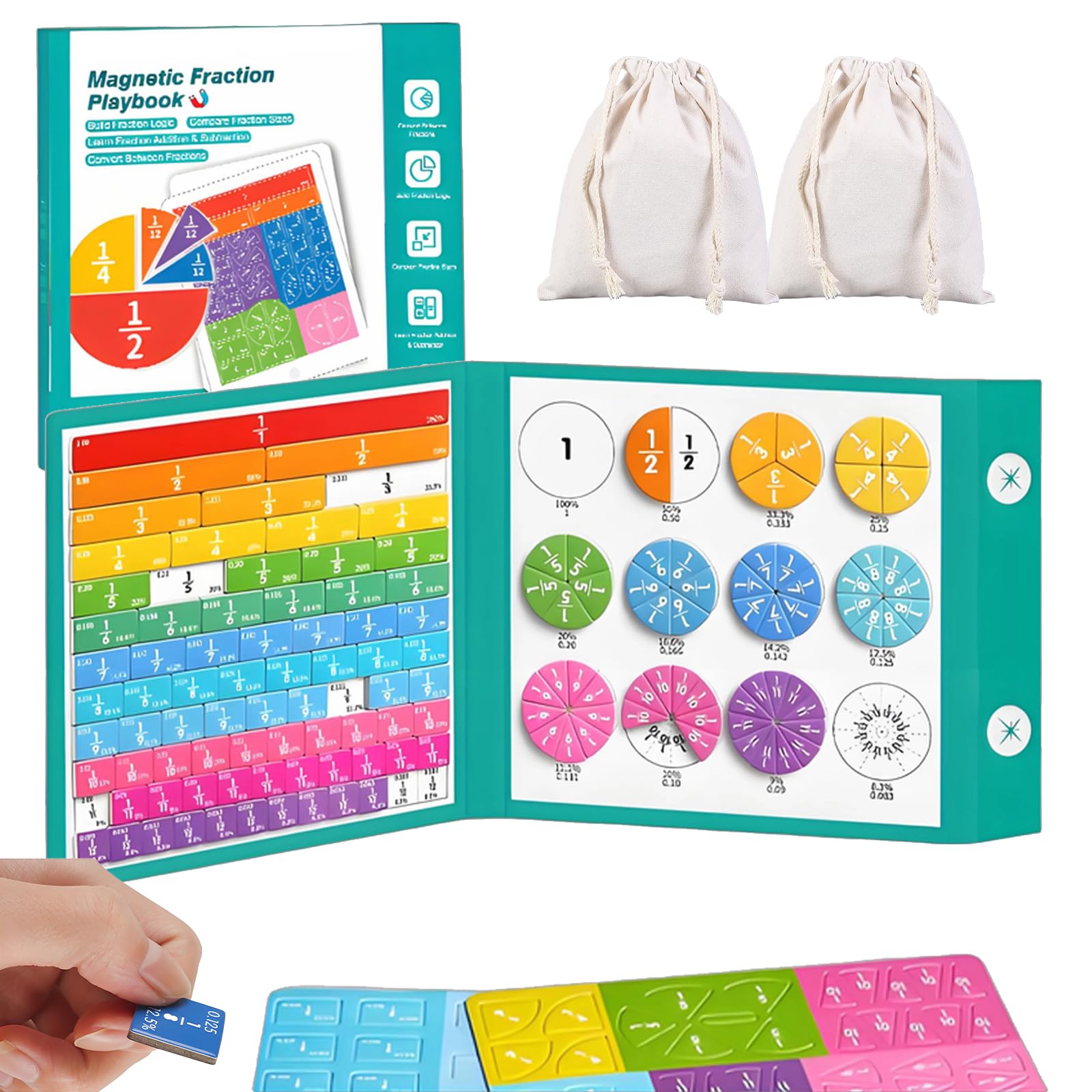2026 Magnetic Fraction Playbook with 2 Storage Pouches, Hands-On Fraction Learning Board with 102 Magnetic Pieces, Supporting Hands-On Skills and Core Math Foundations, Compact Book-Style Design (2)
