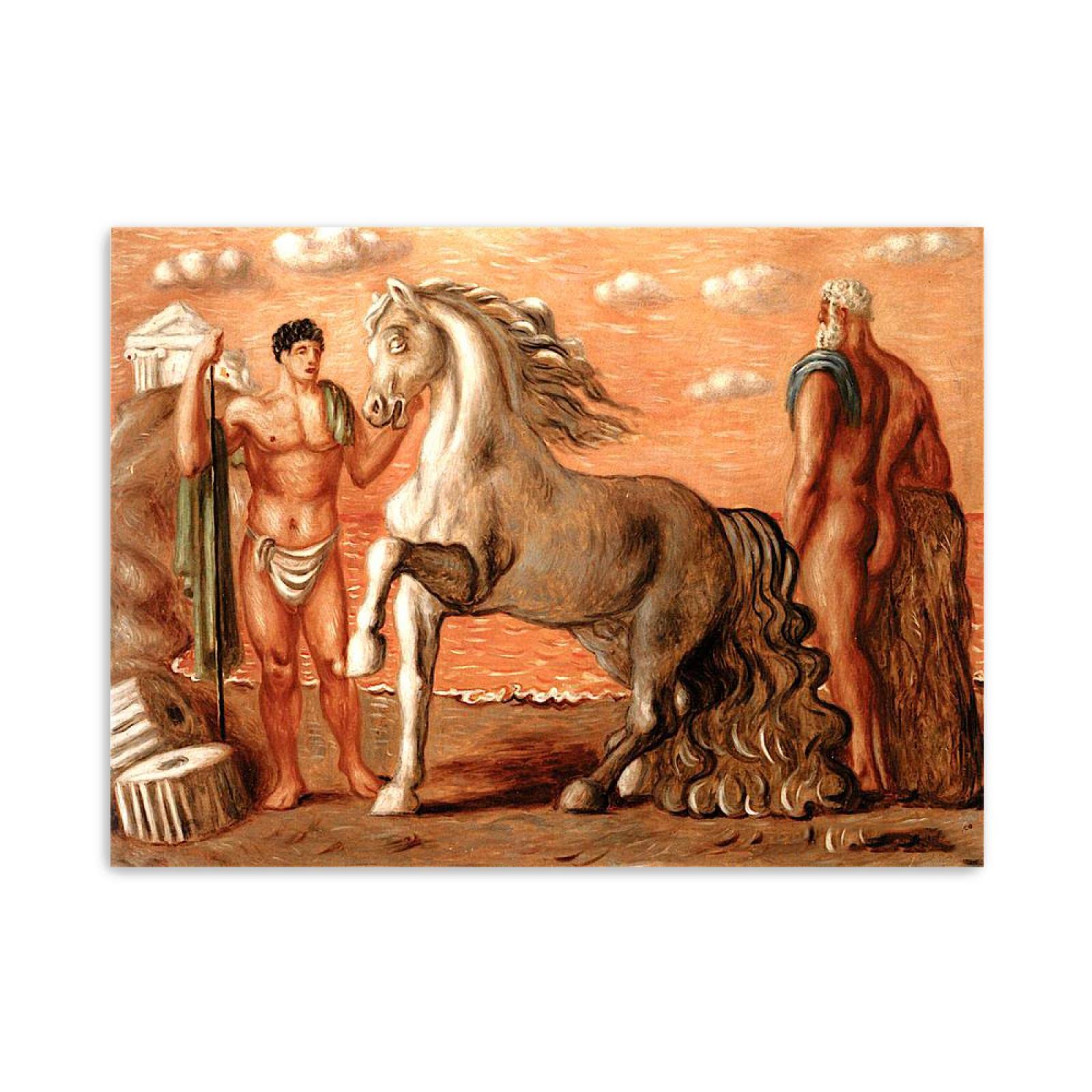 JZSDGB Giorgio de Chirico Słynny artysta na płótnie, sztuka ścienna, reprodukcje obrazów, plakaty, koń i figurki nad brzegiem morza, graficzne obrazy do dekoracji biurowych, 20 x 30 cm, bez ramy