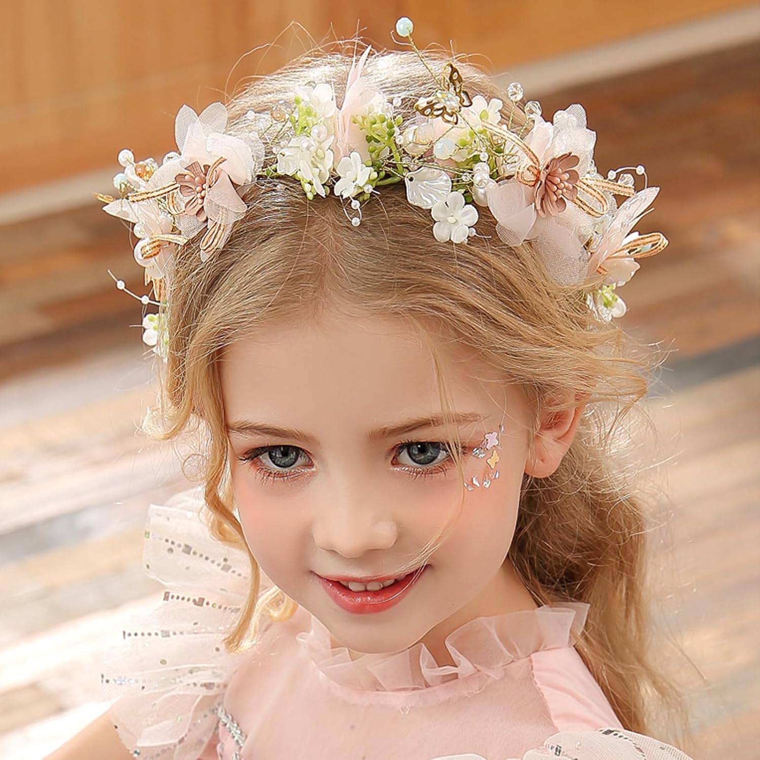 Ever Fairy Princess Flower Crystal Headpiece Girls Rhinestone Pearl Headband Women Wedding Floral Hairband Bridal Hair Accessories Photography for Girls and Women (Pink B) - Image 5