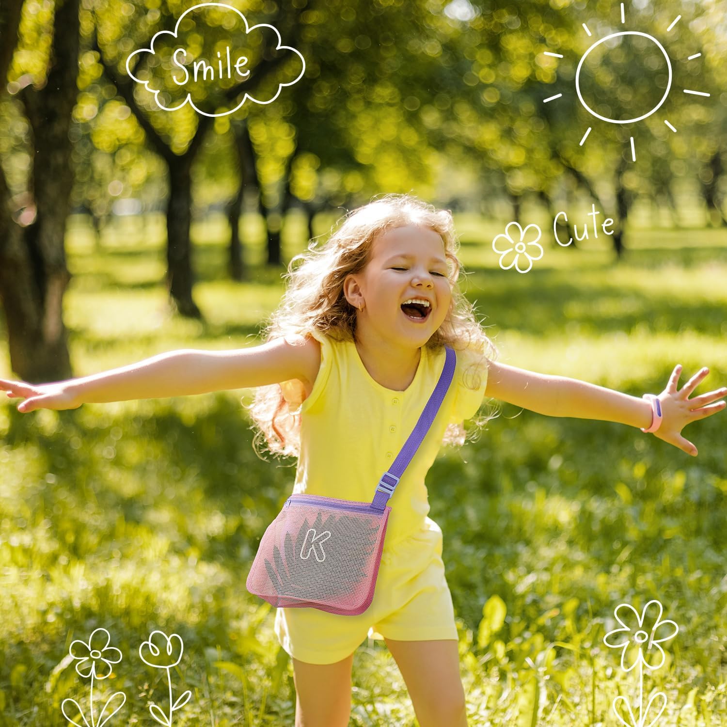 3Pcs Alphabet Printed Seashell Bags, Lightweight & Foldable Kids Beach Toy Mesh Bags with Adjustable Straps, Portable for Pool and Beach Essentials-C