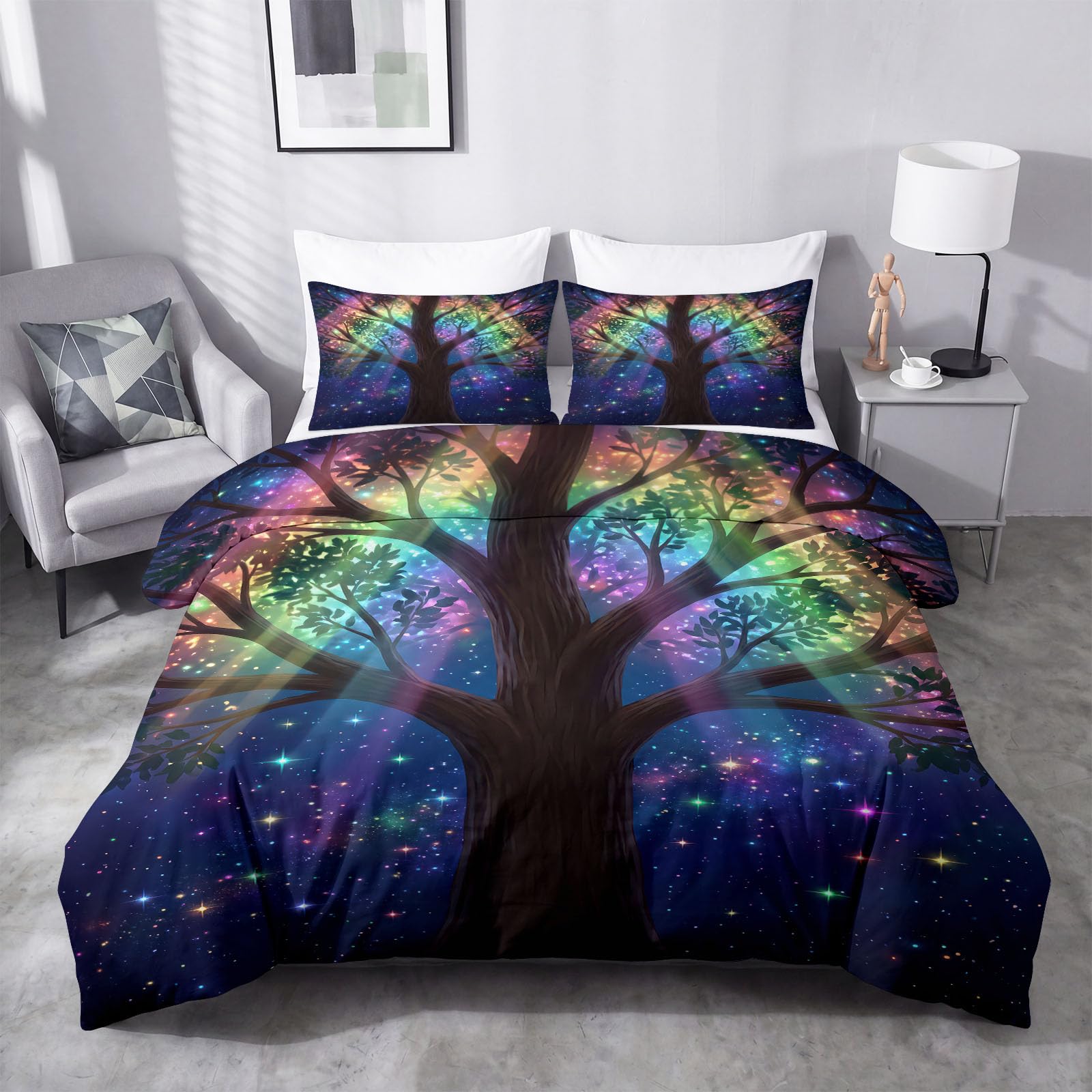 Pościel 3D, 200 x 200 cm, rośliny, gwiaździste niebo, fantazyjne, świecące drzewo, miękka, nie wymaga prasowania, oddychająca, z zamkiem błyskawicznym, w zestawie 2 poszewki na kołdrę i 2 poszewki na