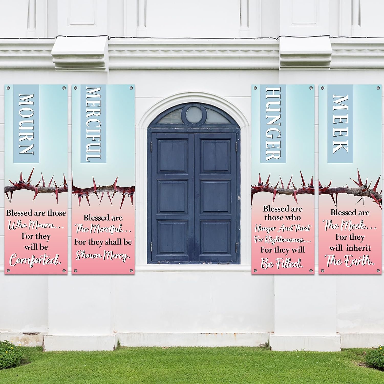 4Pcs Easter Church Banners for Sanctuary Wall Religious Banners Hanging Backdrop Praise Hanging Sign with Scripture Bible Verses Banner Easter Banner for Church School Decor(Blue-pink Gradient)