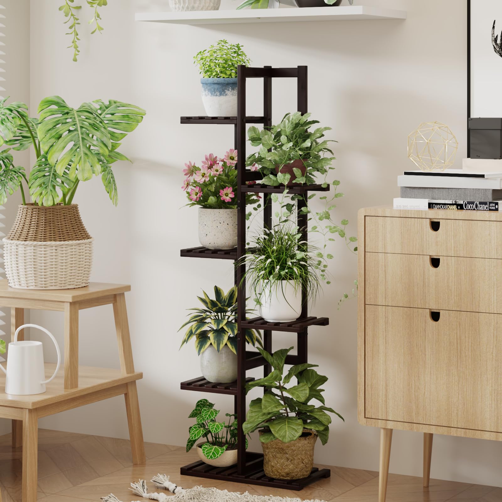 Bamworld 6-poziomowy bambusowy stojak na rośliny do wewnątrz, narożna półka na rośliny dla wielu roślin, wysoki, wielopoziomowy stojak na kwiaty do okna, ogrodu, balkonu, dekoracja domu, salonu,