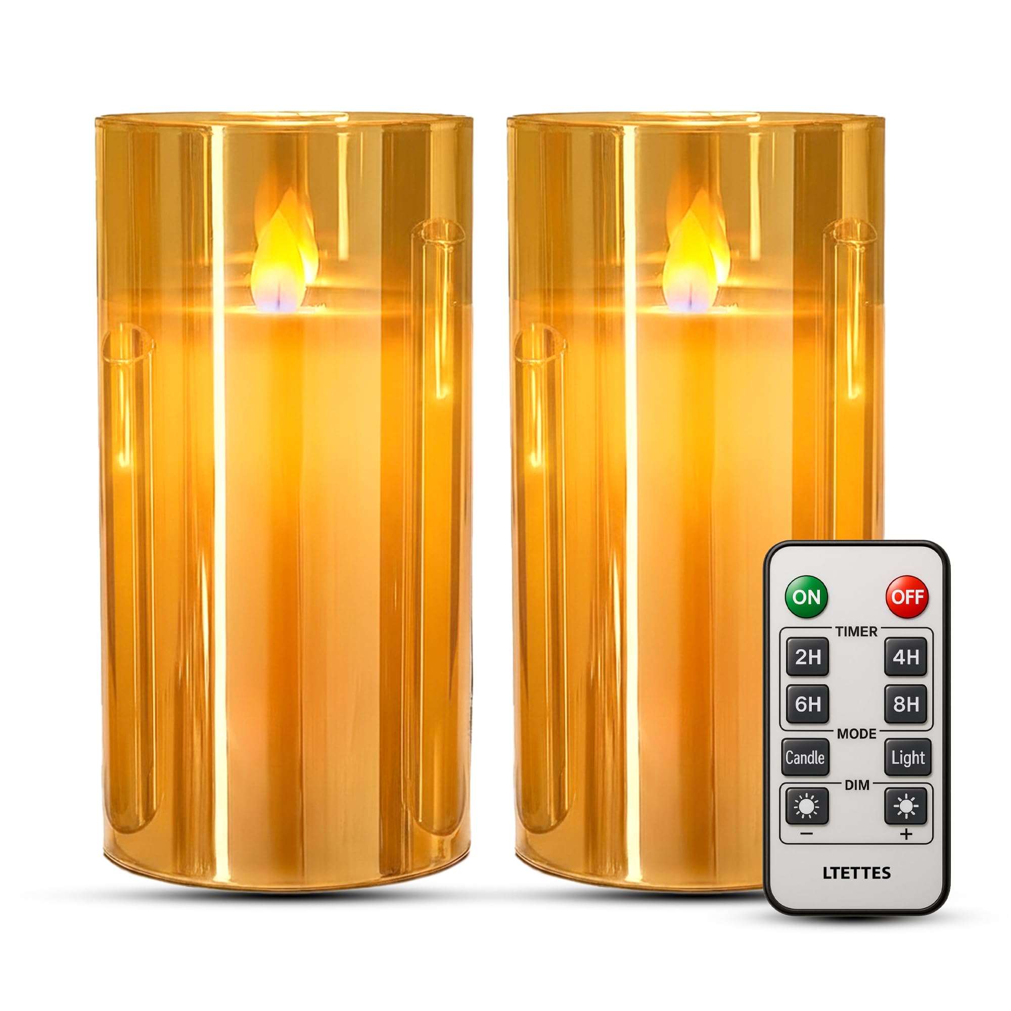Pack 2 - LED Glass Cup Pillar Candle | Real Wax | Flameless Electric Candles with Flickering Faux Wick | Amber Color Glass | Battery Powered with Remote Controller for Home Decor (H-6" x D-3")-image-39