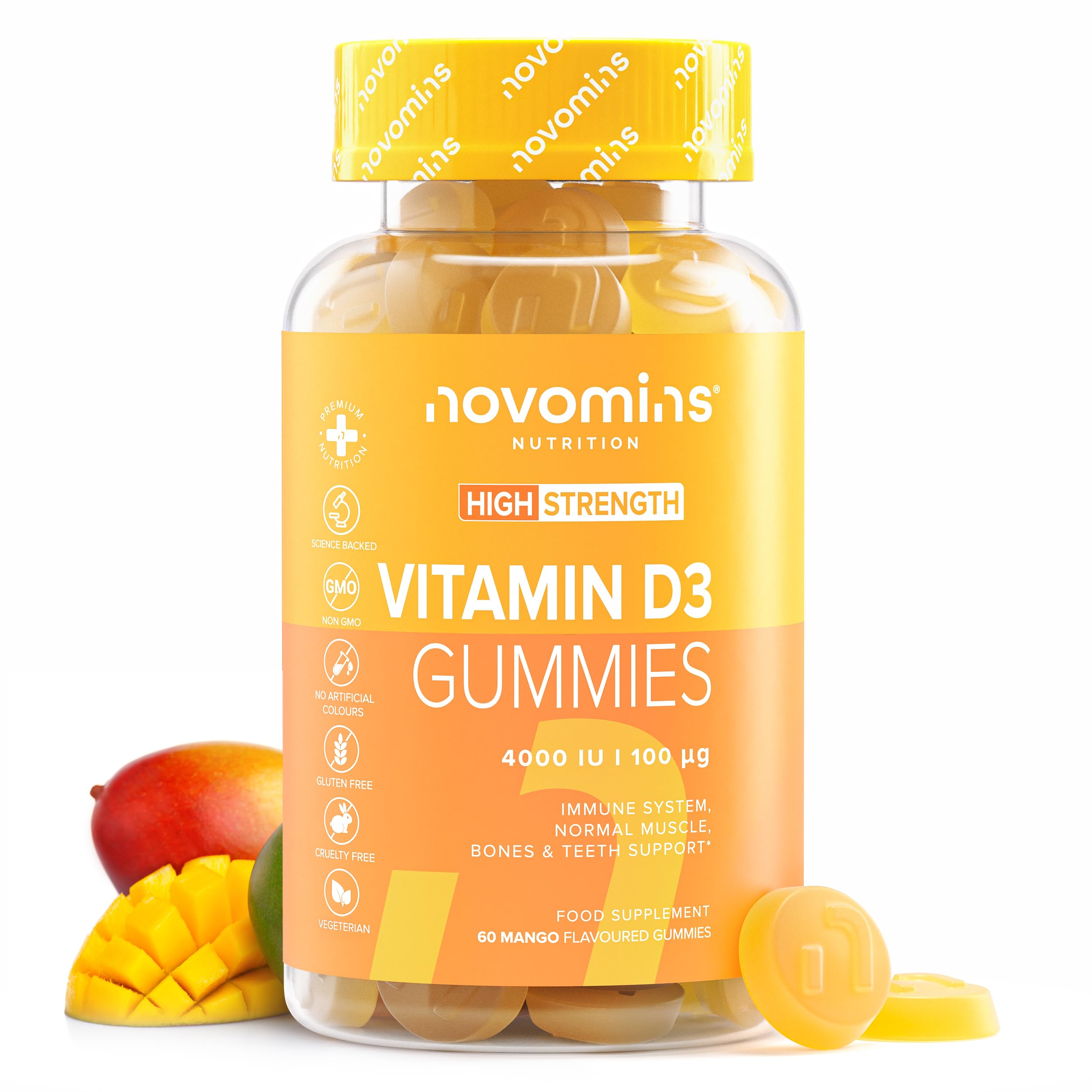 Vitamin D Gummies - 4000 IU Vitamin D3 - Vegetarian & Gluten Free - VIT D Gummies for Bones & Teeth - Alternative to Vitamin D Tablets & Spray - 60 Gummies - 1 Month Supply - Novomins