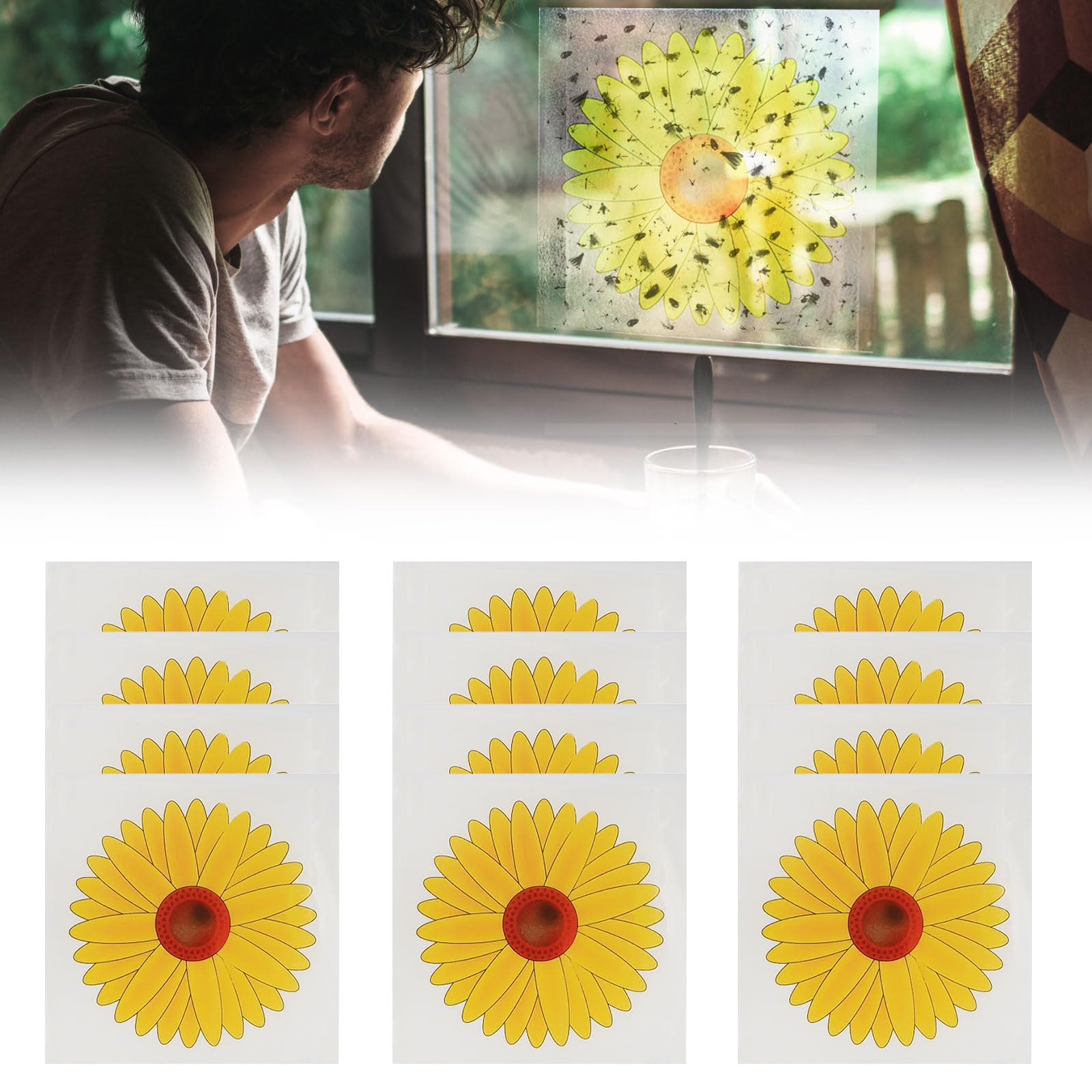 TSHAOUNTSHAOUN 46Pcs Window Fly Traps, Sticky Fly Catche, Sunflower Style Window Fly Stickers,Fly Traps Indoor,No Odors No Harm,Fly Killer Stickers Sunflower, Insect Flies Wasp Pest Killer (yellow)