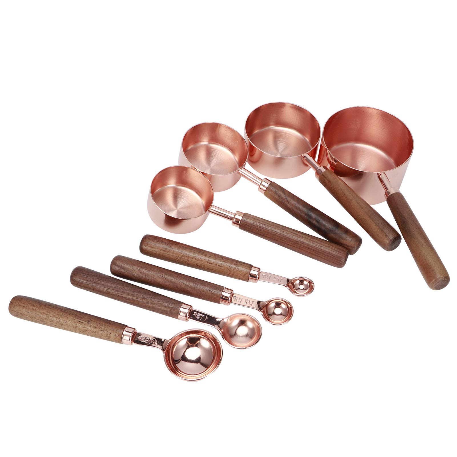 Ensemble de Cuillères à Mesurer en or Rose, 8 Pièces en Acier Inoxydable avec Manche en Bois de Noyer pour la Cuisson en Cuisine