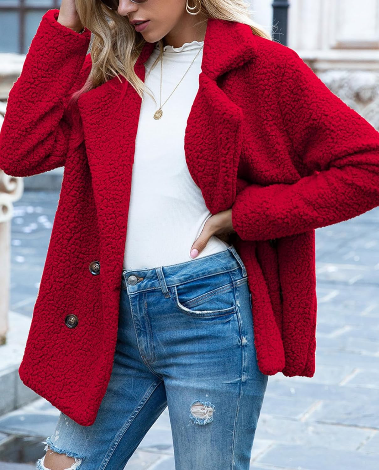 Women's Winter Warm Plush Cardigan Fuzzy Fleece Lapel Jacket with Buttons Pockets Long Sleeve Casual Outerwear - Image 4