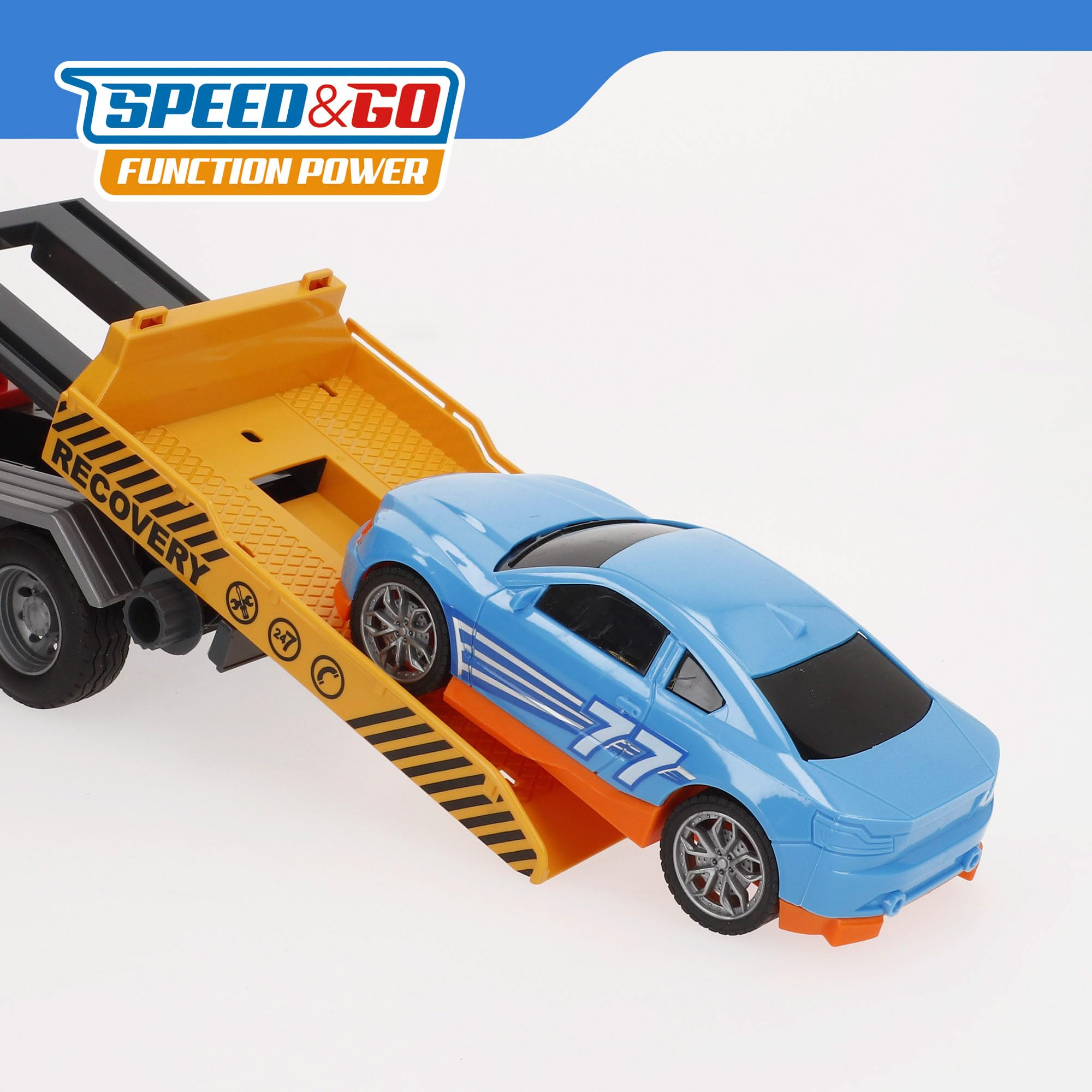 ColorBaby 39058 Speed & Go Camión grúa Juguete, con Luces y Sonidos, Brazo Extensible, Interactivo, Sistema de fricción, Escala 1:10, Coches para niños a Partir de 3 años