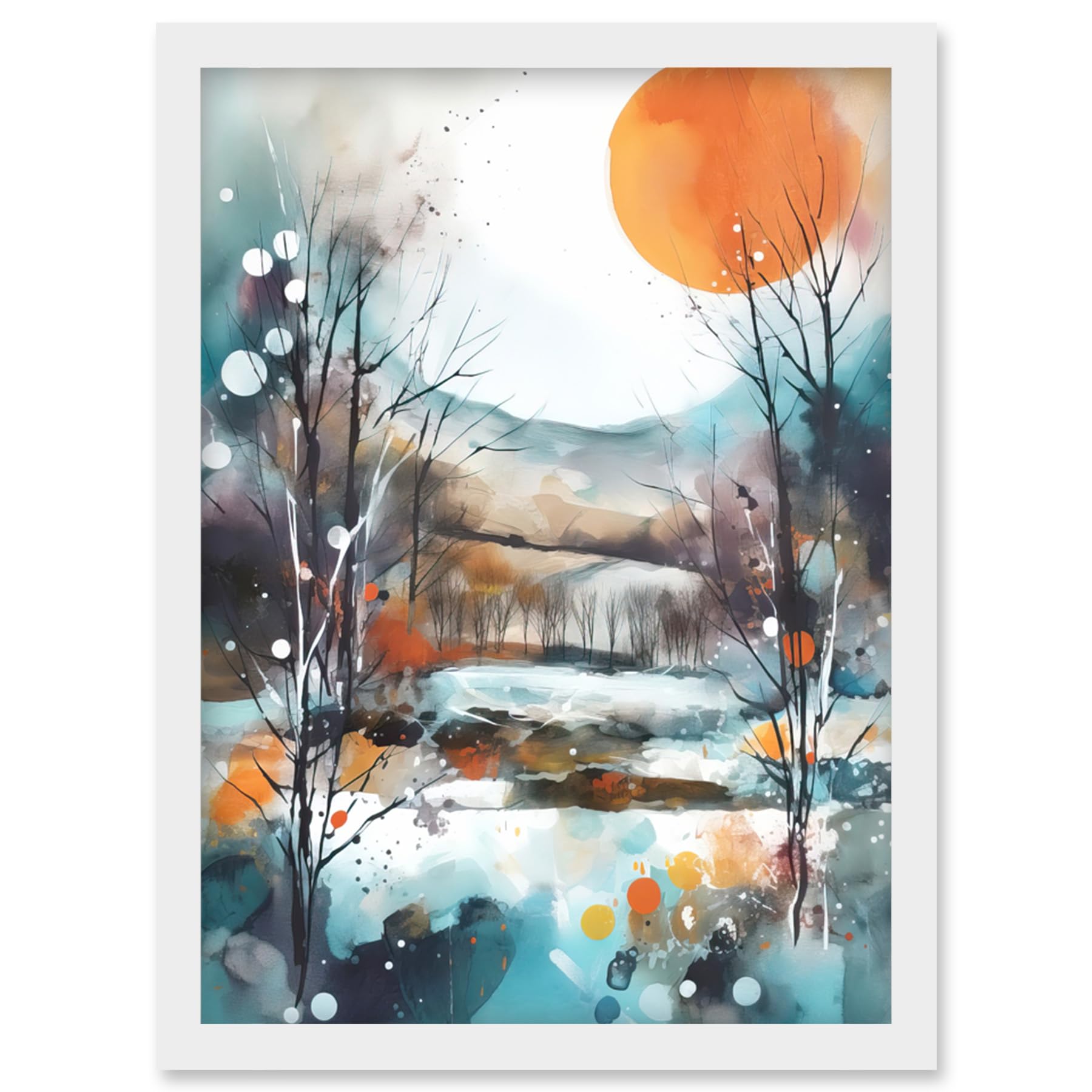 Artery8 Abstract Winter Landscape Watercolour Painting Boho Countryside Sunrise Snow Artwork Framed Wall Art Print A4