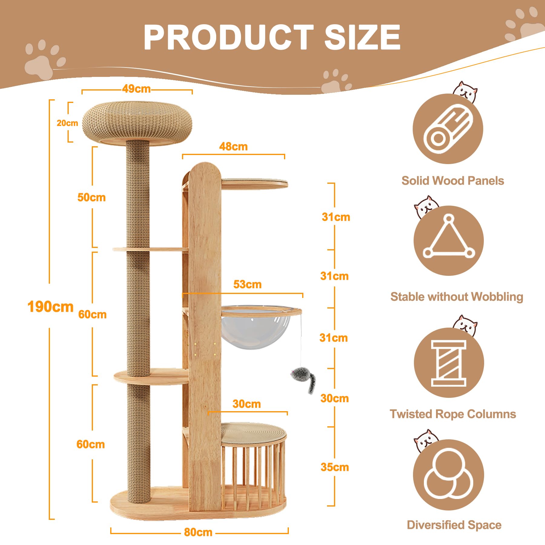 Rascador grande, pesado y estable, de madera maciza, 190 cm – Árbol rascador XXL con revestimiento de sisal, 3 plataformas, 1 casa tejida para gatos y juguete para ratón, robusto árbol de escalada