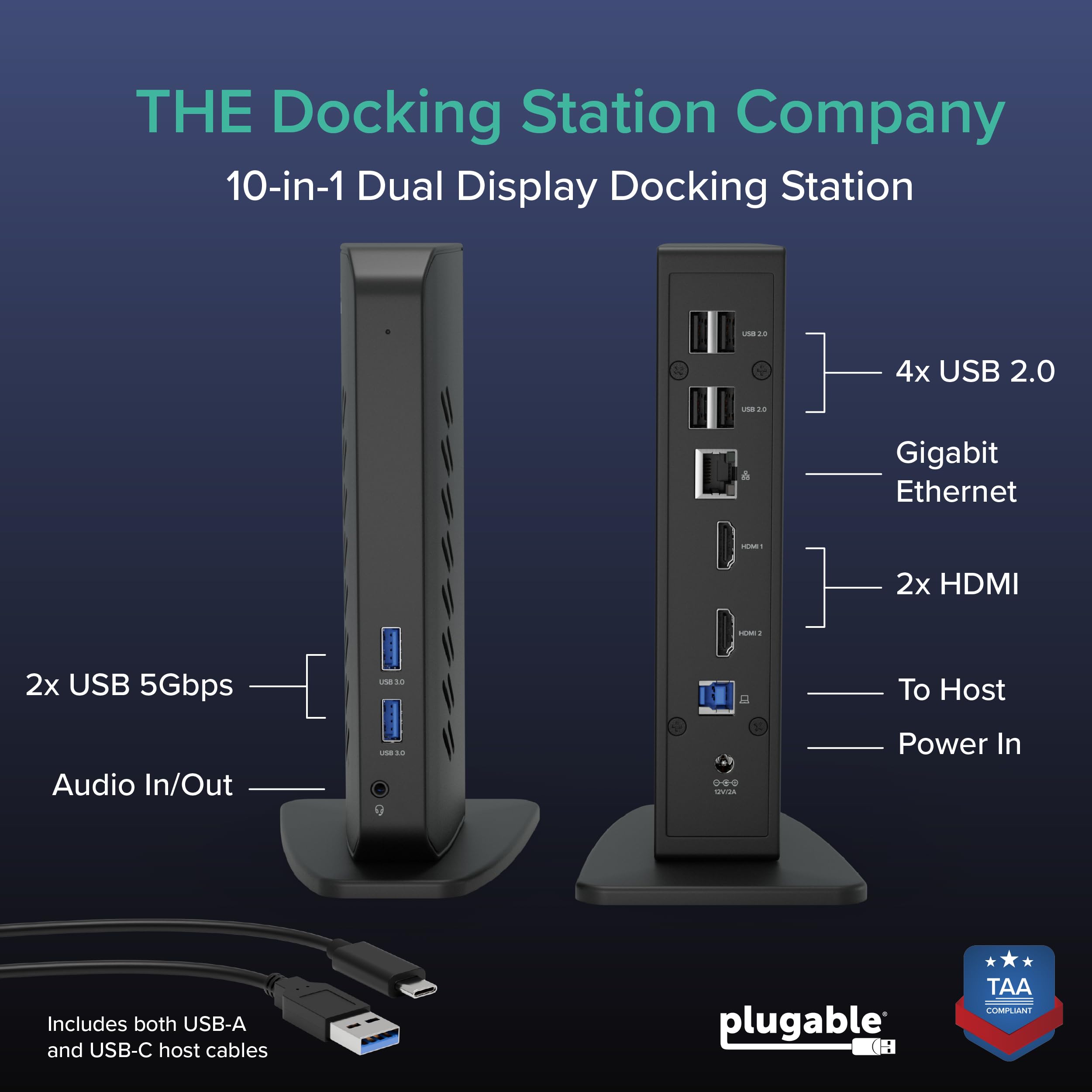 Plugable USB 3.0 and USB-C Universal Laptop Docking Station with 2 HDMI Ports for Windows, Mac (Driver Required), and ChromeOS, Gigabit Ethernet, Audio - 3