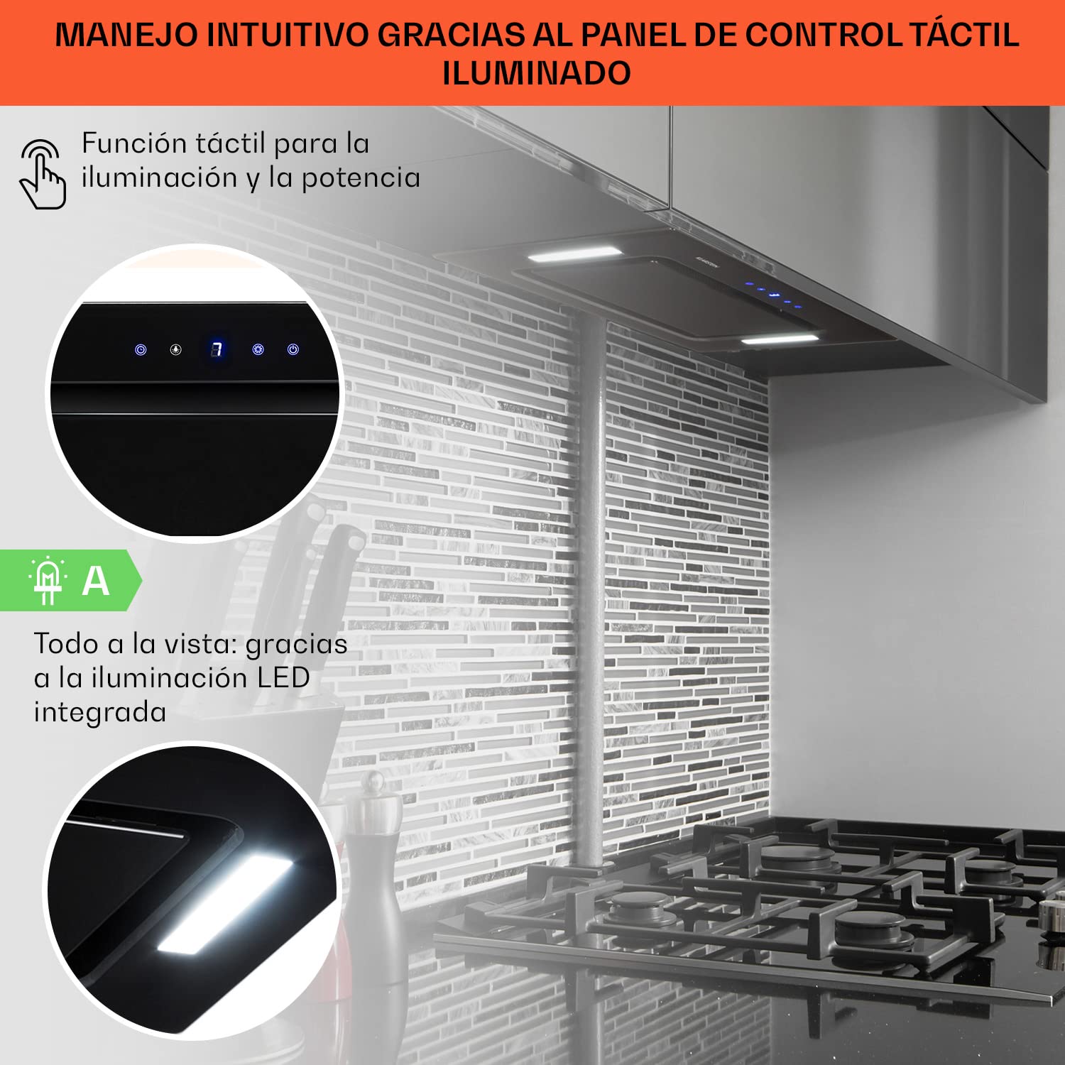 Klarstein HEKTOR SL campana extractora, campana integrable y de pared, 52 cm de ancho, modo recirculación, extracción hasta 467 m³/h, filtro de aluminio, convertible a recirculación, negro