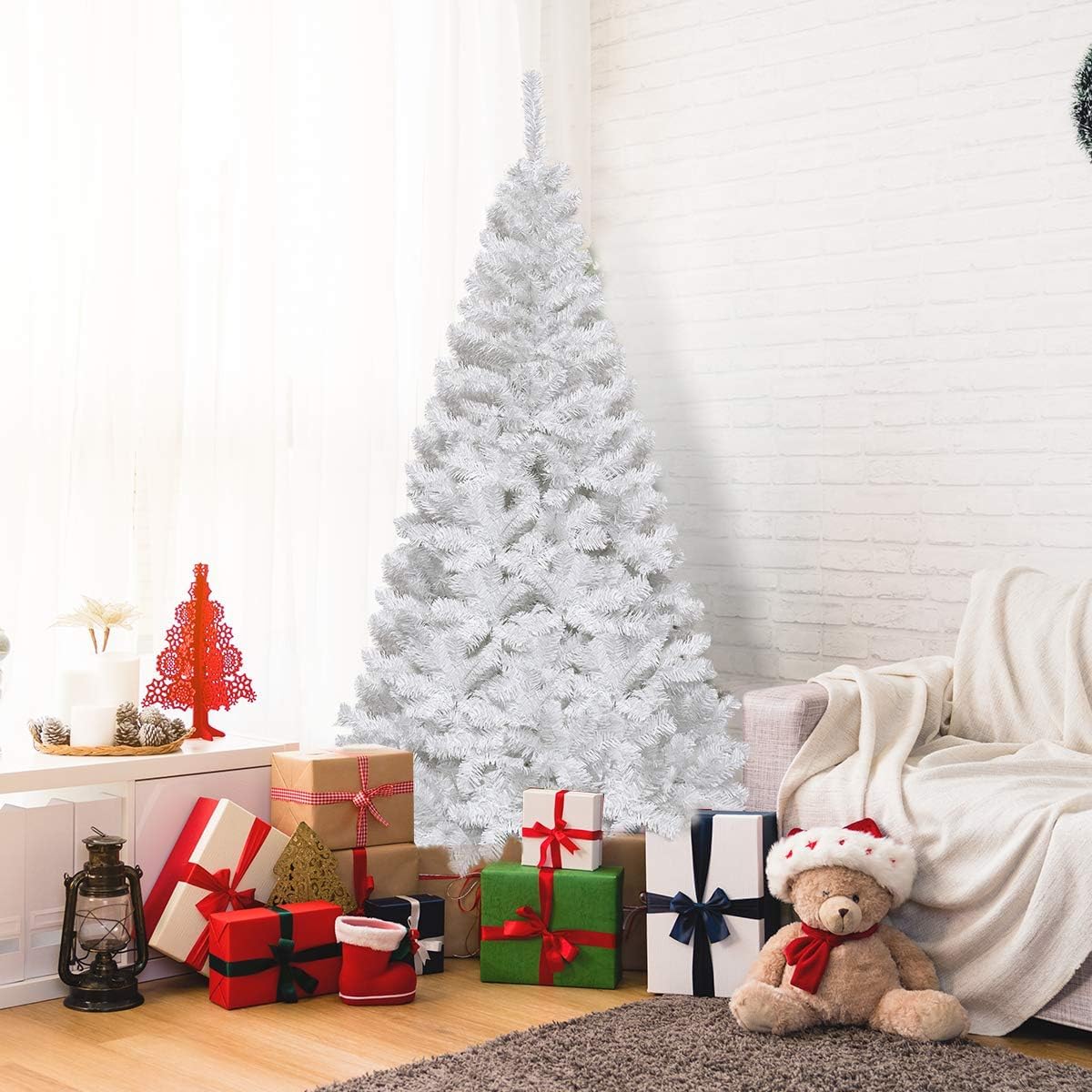 GYMAX Árbol de Navidad Artificial de 210 cm, Árbol de Navidad con Encaje de 950, Christmas Tree Artificial con Soporte de Metal, Material de PVC, Blanco