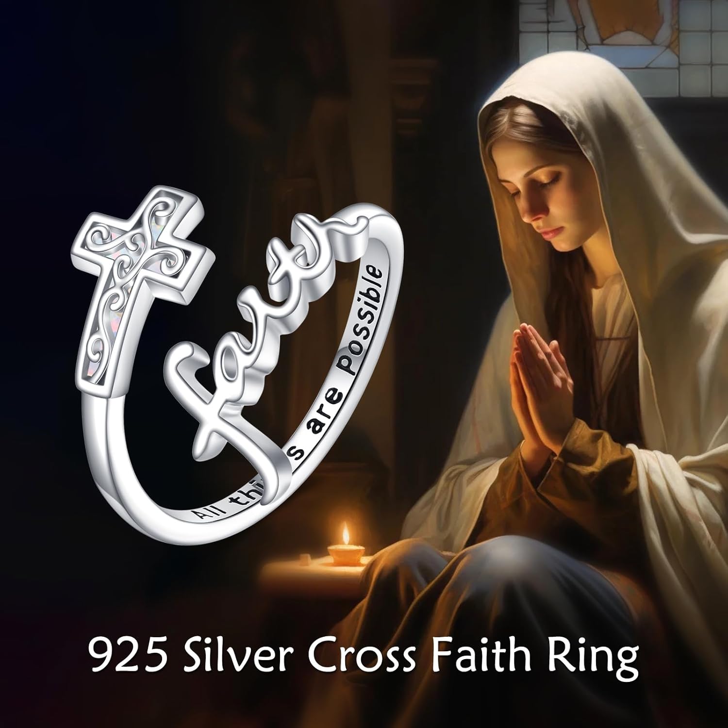 URONE Cross Rings Sterling Silver Cross Faith/Mustard Seed Ring Adjustable Christian Faith Ring Religious Jewelry Gifts for Women - Image 4