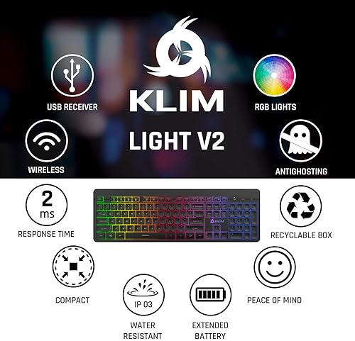 Miniatura 2 de KLIM Teclado inalámbrico recargable Light V2 nuevo 2022 delgado duradero ergonómico retroiluminado teclado inalámbrico para juegos para laptop PC