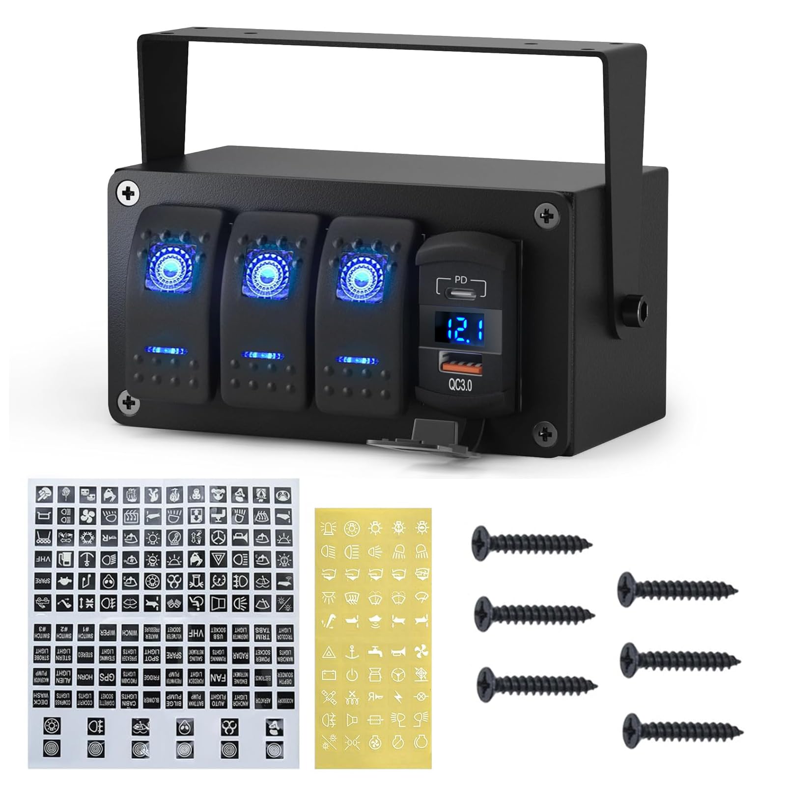 Switch Panel 12V, 3 Switch Panel for Boats 12V/24V, Waterproof Truck Control System with Digital Voltmeter and PD and QC3.0 Charging Ports, for Cars, Trucks