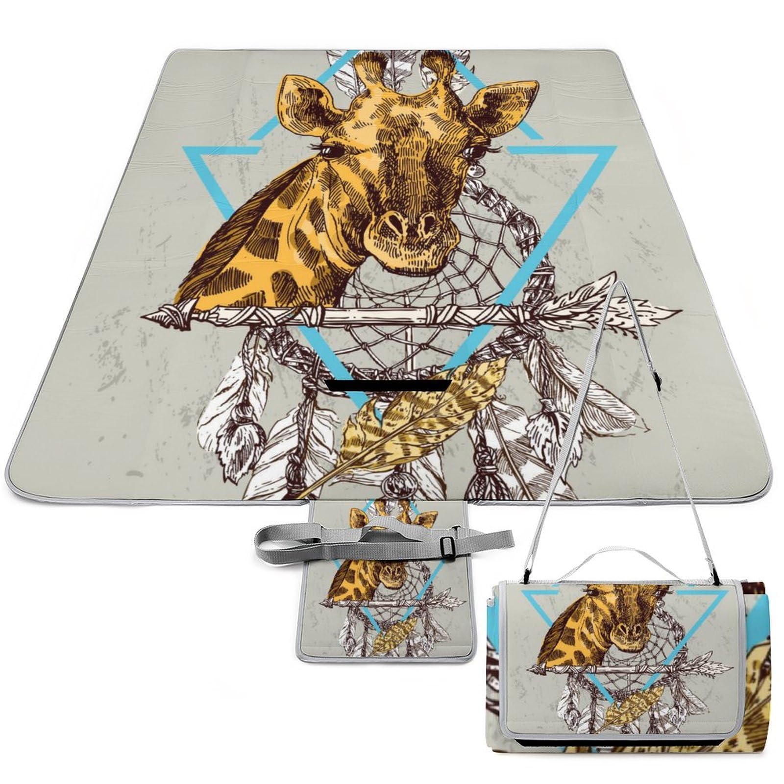 Giraffe Pattern Picnic Blanket Waterproof Foldable, Large Outdoor Picnic Blanket Beach Blankets Camping Blanket Travel Mat, Shoulder Strap Tote, Rectangle 58x58in