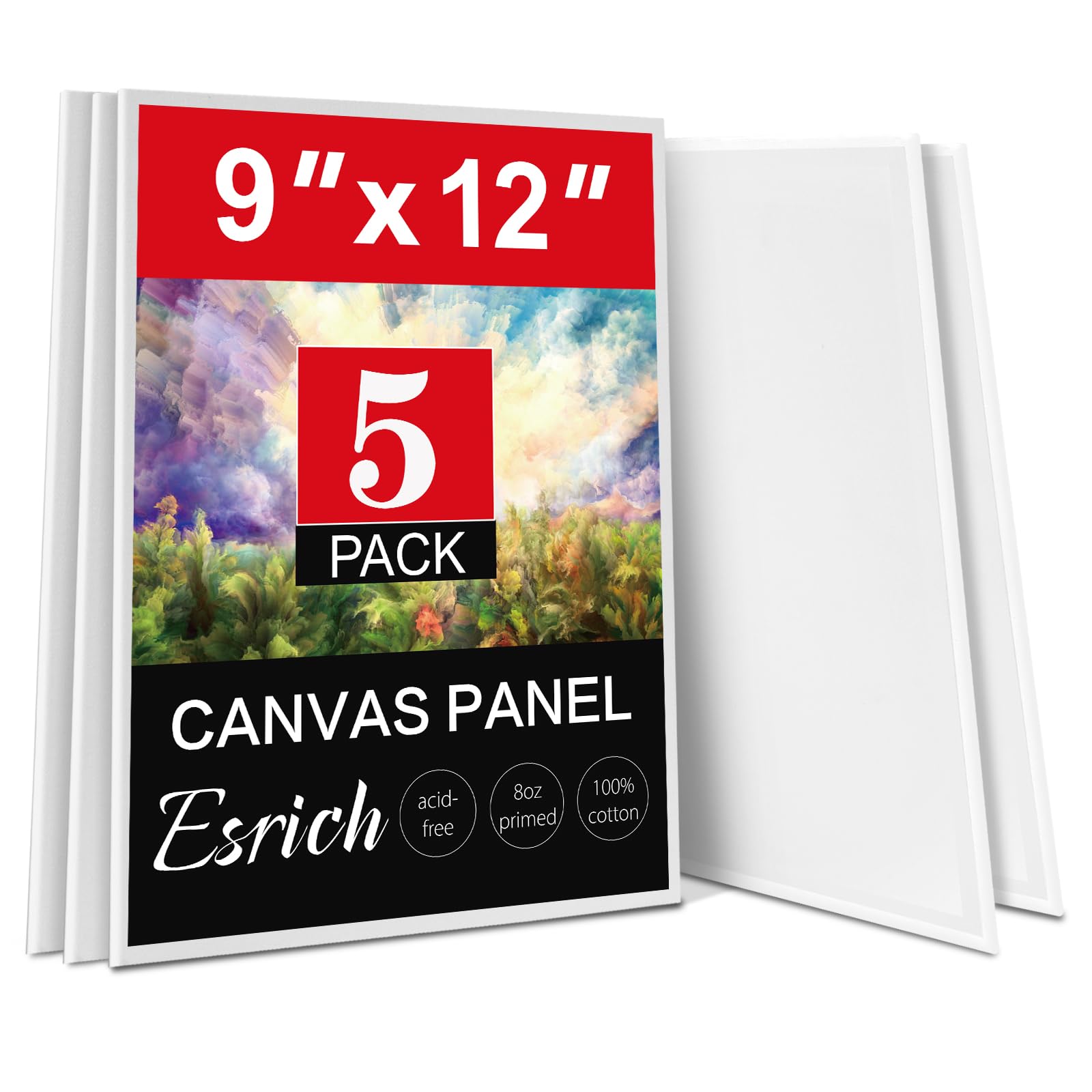 ESRICH Canvas Boards for Painting, 5 Pack 9x12 Canvases for Painting Cotton Primed Acid Free Blank Canvas Panels for Oil Paint, Watercolor, Acrylic Paint, Gouache and Tempera. 9*12in 5pack