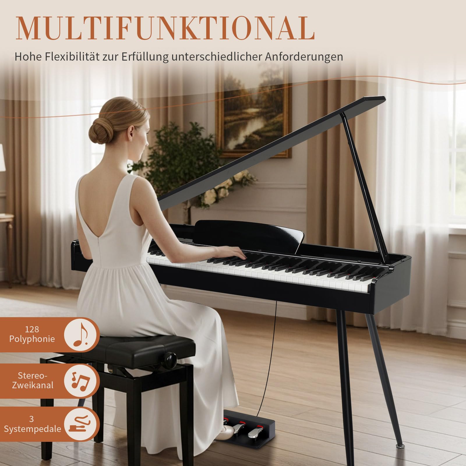 LEADZM Grand Piano, pianoforte digitale con 88 tastiera ponderata e finitura lucida, coperchio pieghevole, suono a 4 altoparlanti, Bluetooth MIDI/audio, nero