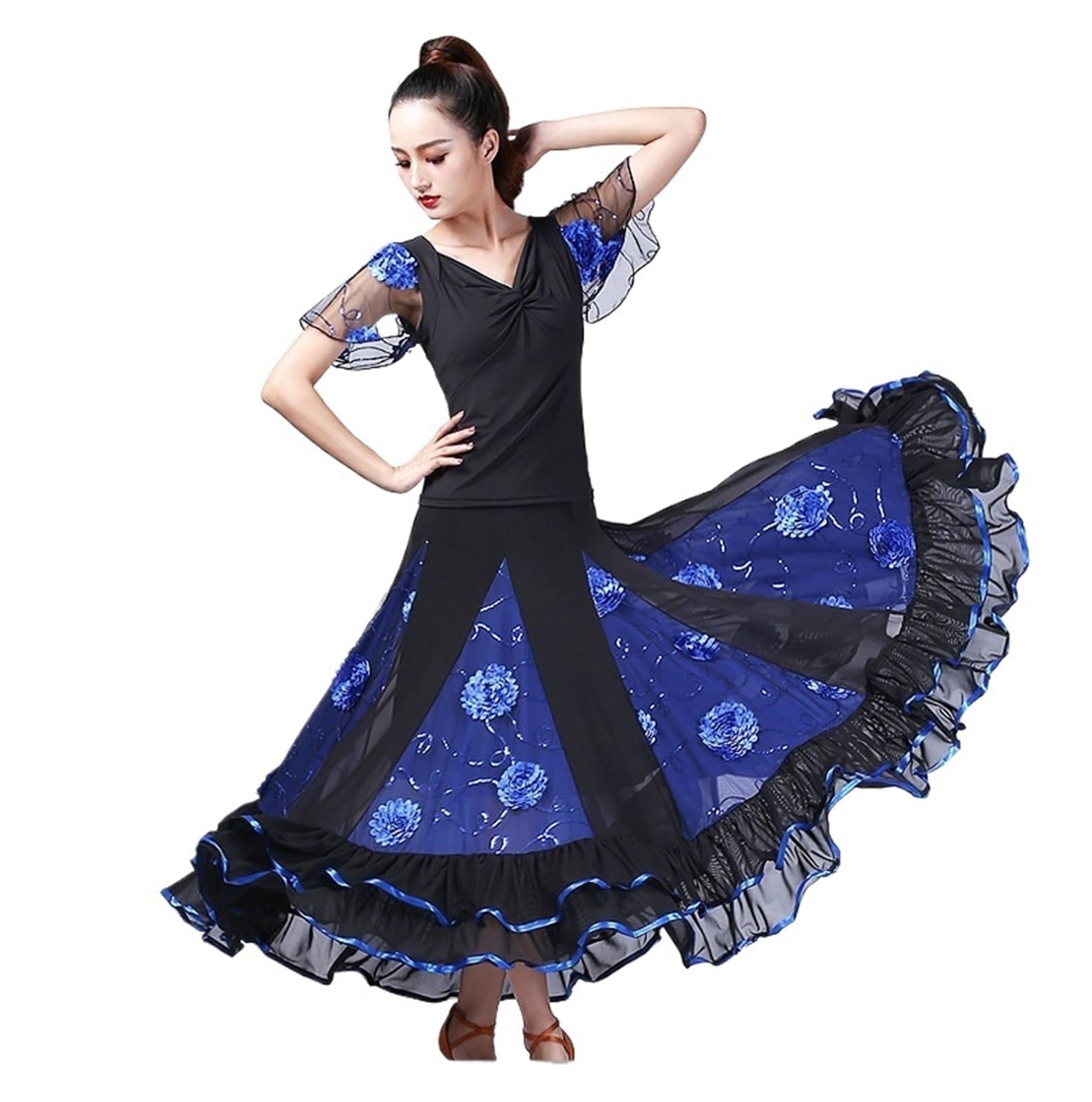 Tanzkleid Damen Moderner Tanz, Gesellschaftstanz, großes Swingkleid, kurzärmliges Tanzkostüm mit floralem Netzstoff