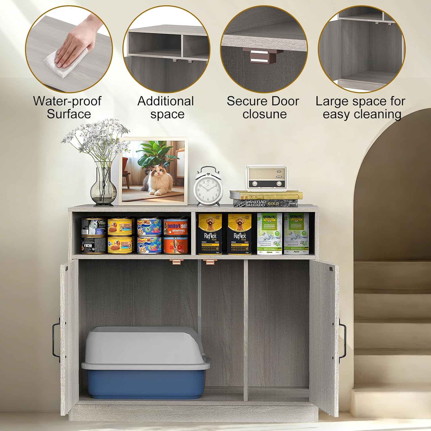 Hidden Litter Box Furniture Ultra-Large Wooden Enclosed Litter Box Furniture,2-Door Storage Cabinet, 2 Open Drawers, 1 Air Vents,Cat Litter Furniture Fit Most of Litter Box.(Gray, No Drawers)