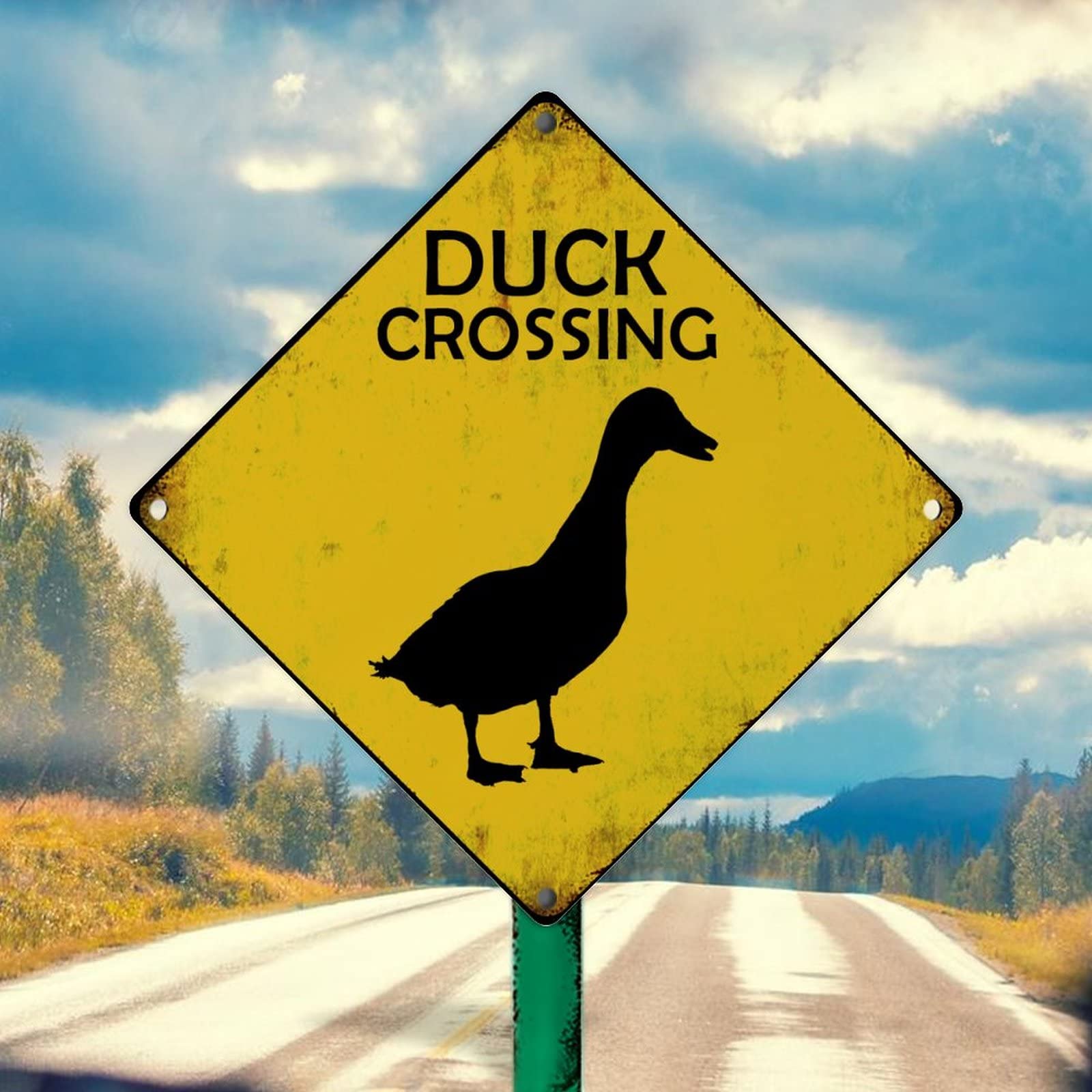 Caution Duck Metal Tin Sign Funny Duck Xing Vintage Metal Wall Decor Caution Warning Sign Duck Crossing Metal Plaque for Outdoor Yard Garage Garden Street 12x12in Birthday Gift
