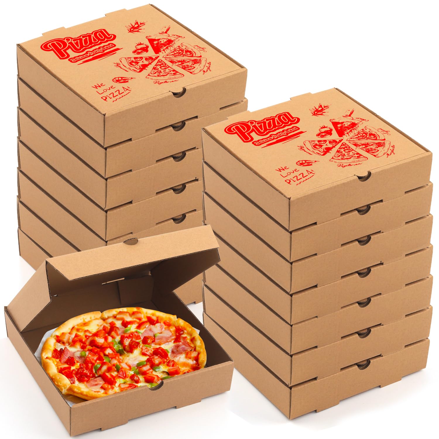 12pcs Kraft Corrugated Pizza Boxes, 7x7x1.6 Inch Square BBQ Pizza Boxes, Take Out