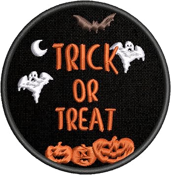Trick or Treat 3" Round Embroidered Christmas Patch Iron-On/Sew-On Halloween Costume Scary Films Ghost Bats Pumpkins Badge Emblem Name Tag Decorative Gift Applique for Vest Jacket Jeans Clothing