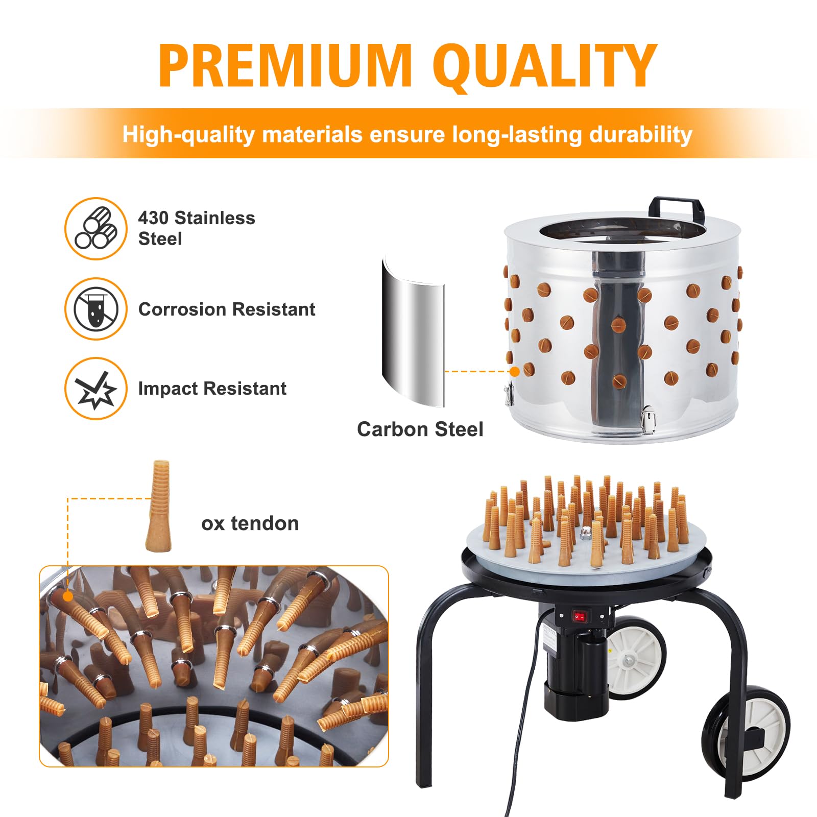 Towallmark Plucker de volaille en Acier Inoxydable – 500 W Haute efficacité Commerciale, 106 Doigts Souples, pour fermes, usines de Transformation de Poulet, Restaurants, Maison