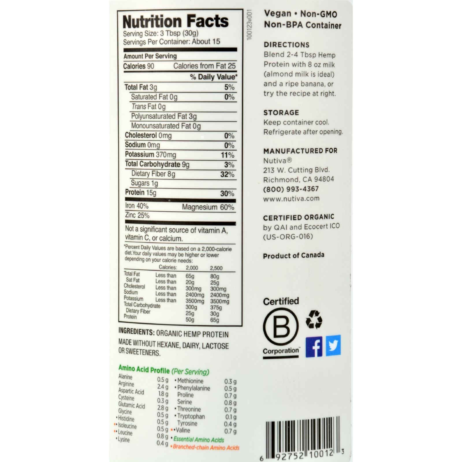 Nutiva Hemp Protein 15g Org