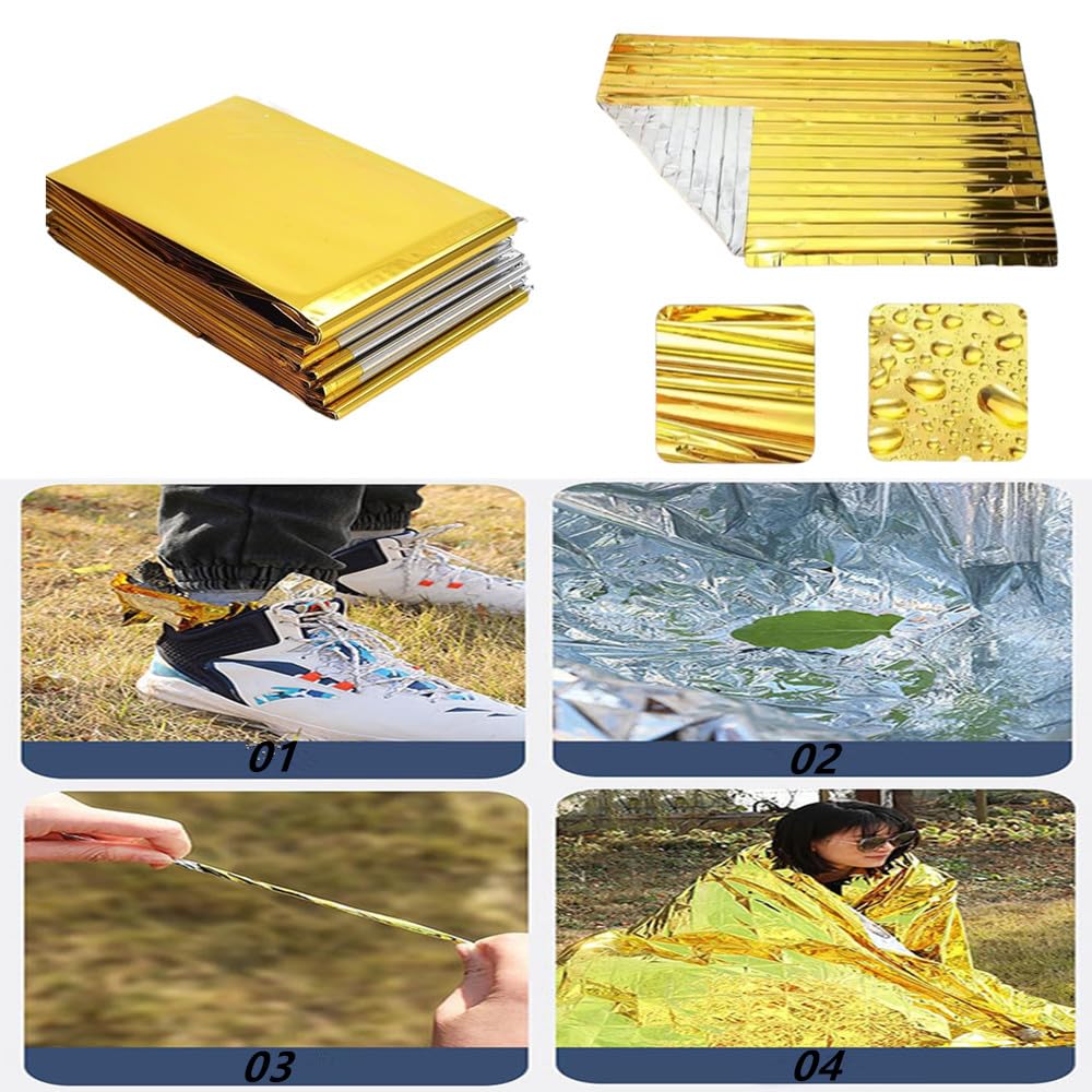 Lot de 10 couvertures thermiques d'urgence, couverture thermique en or argenté, pour sauvetage, protège du froid, de la chaleur et du vent, de la pluie, de la couverture thermique de survie, 160 x 210