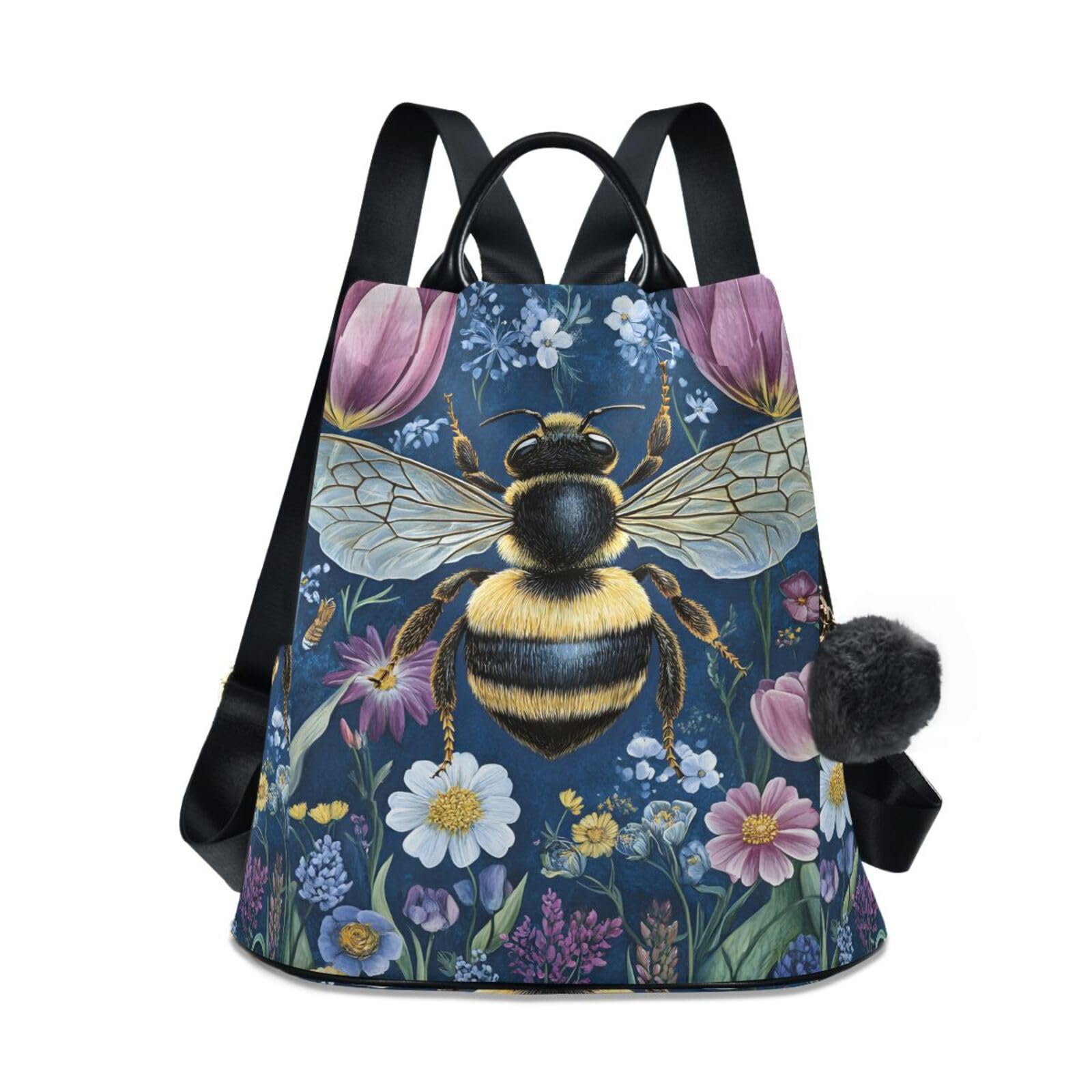 Bee Flowers Backpack for Women Anti Theft Large Fashion Travel Shoulder Bag Purse Rucksack Lightweight