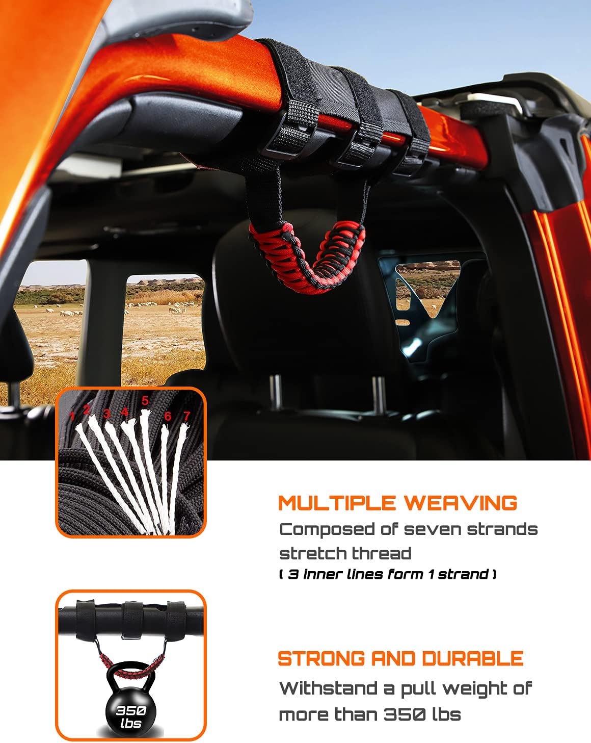 Savadicar 4 x Roll Bar Grab Handles Grip Handle for Jeep Wrangler CJ YJ TJ JK JKU JL JLU & Gladiator JT 1955-2023, Interior Accessories, Black & Red
