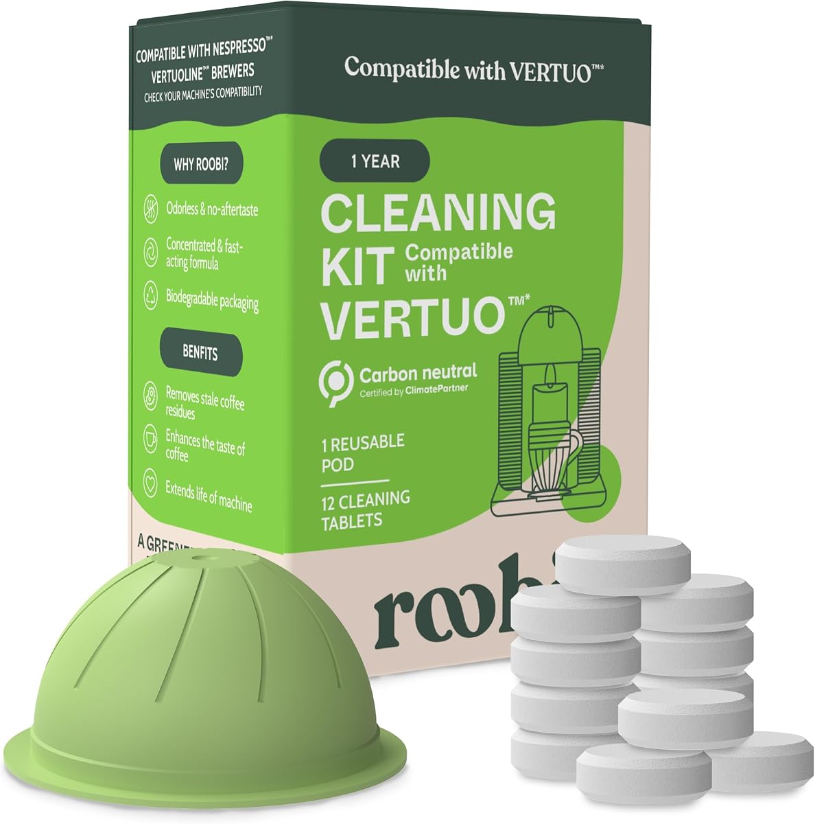 Roobi Cleaning Pods Compatible with Nespresso Vertuo | Includes 1 Reusable Pod & 12 Cleaning Tablets, Carbon Neutral, 1 Year Supply