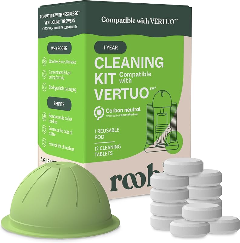 Roobi Cleaning Pods Compatible with Nespresso Vertuo | Includes 1 Reusable Pod & 12 Cleaning Tablets, Carbon Neutral, 1 Year Supply