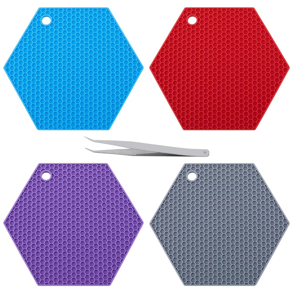 GORGECRAFT 4 Colors Silicone Doming Mat Hexagon Honeycomb Trivet Mat 180x155mm Hot Plate Holder Resin Collector Mat Heat Resistant Synthetic Rubber Pads Kitchen Tool with Tweezer for Epoxy Resin